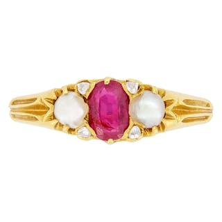 Victorian 0.60ct Ruby and Pearl Trilogy Ring, c.1880s