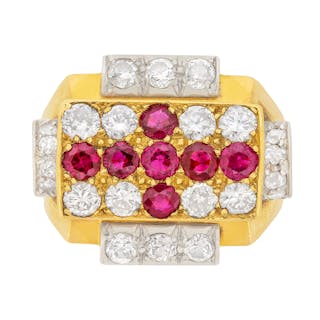 Art Deco 2.26ct Diamond and Ruby Cocktail Ring, France c.1930s