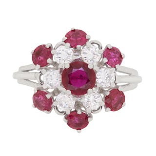 Vintage Ruby and Diamond Cluster Ring, c.1970s