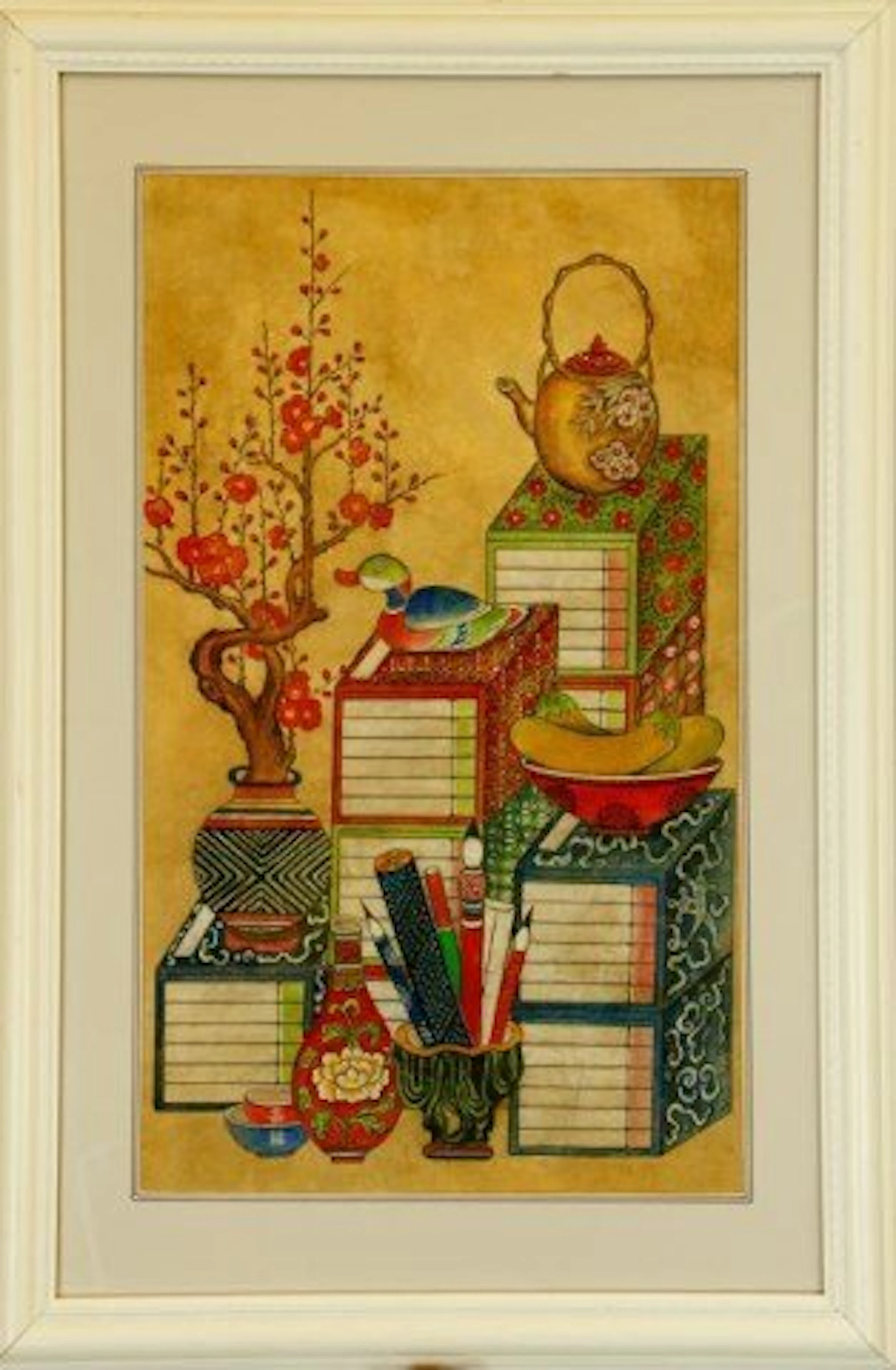 Framed korean minhwa watercolor folk painting