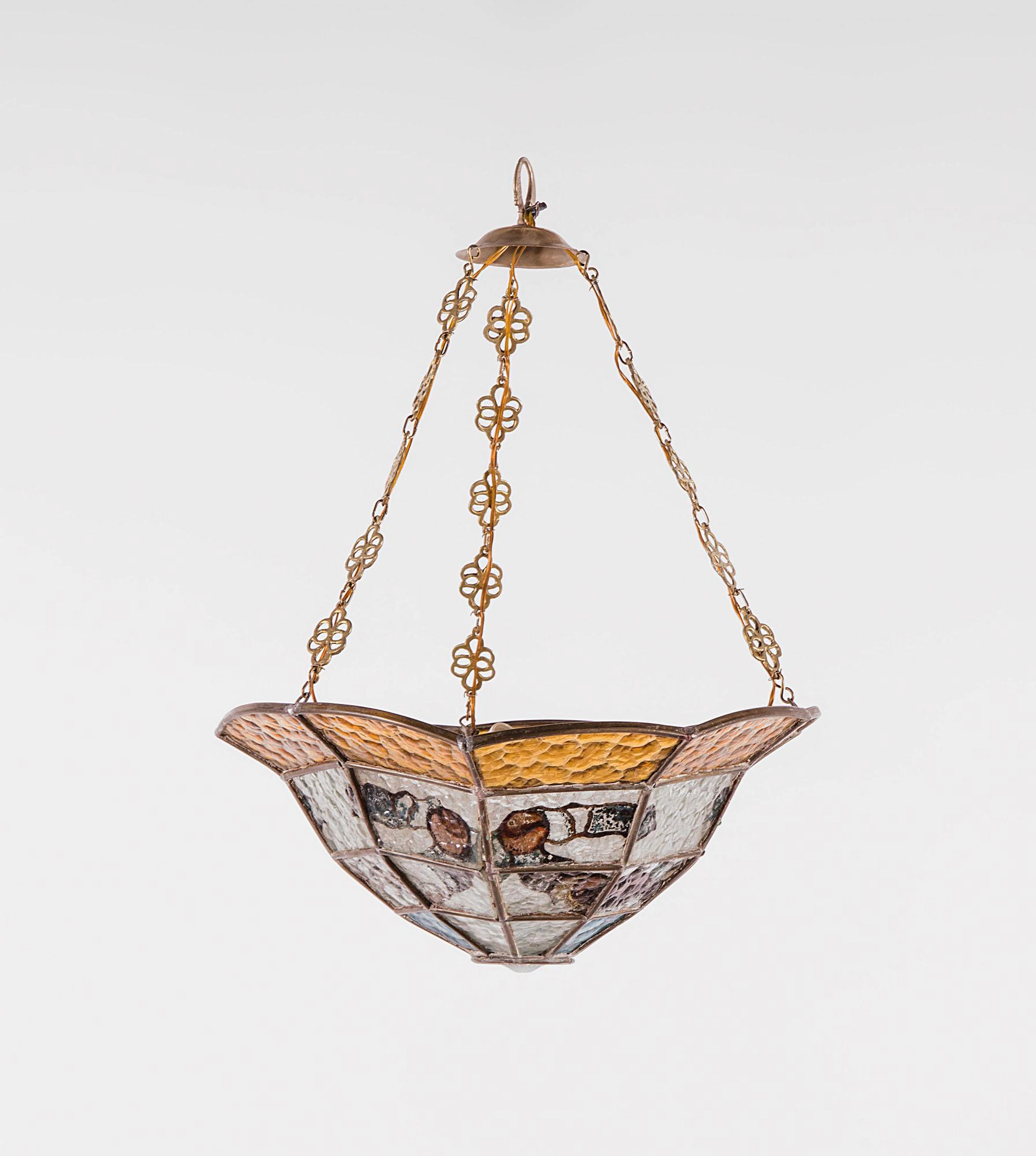 Lampadario in vetro colorato e bronzo