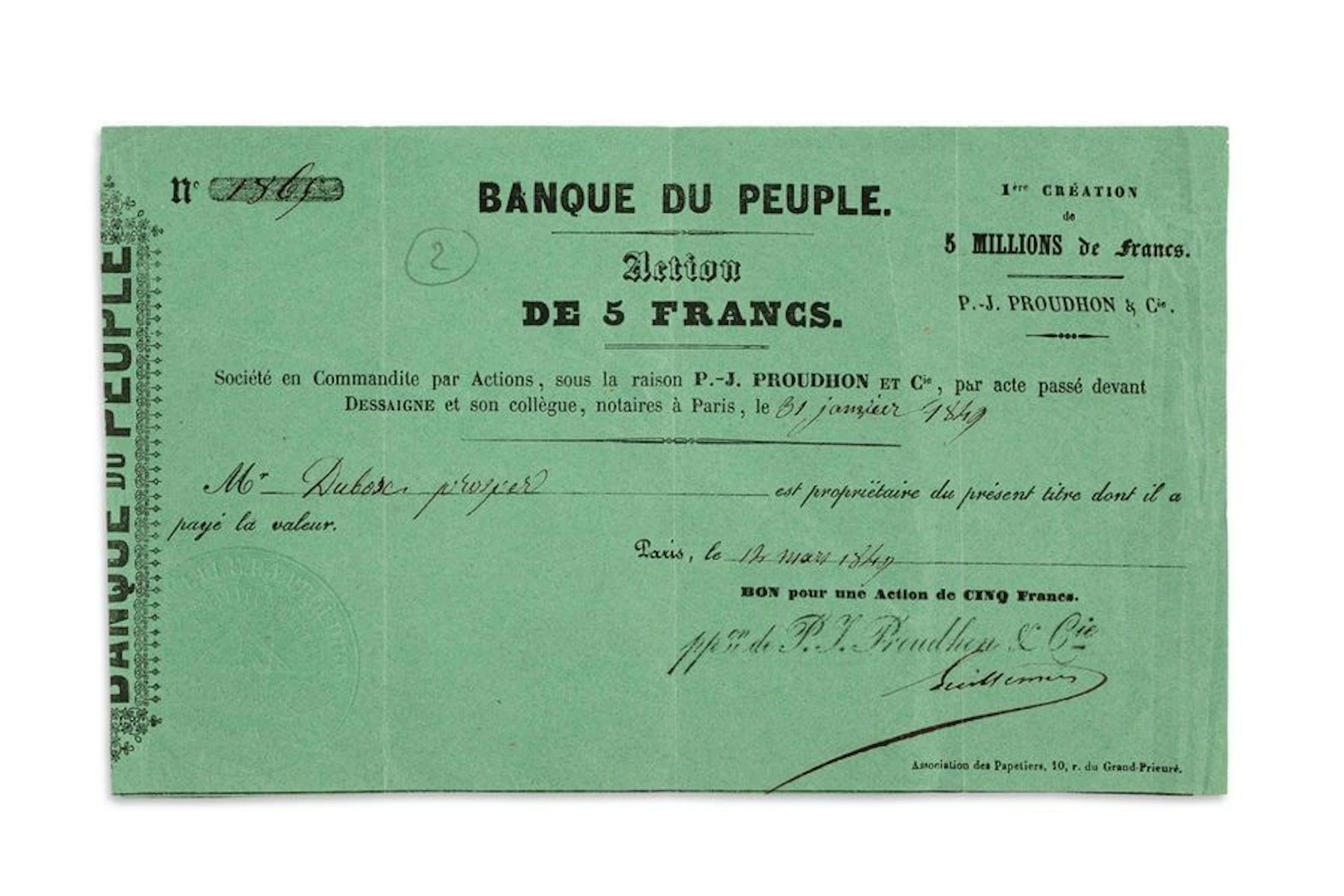 PROUDHON. - BANQUE DU PEUPLE. - Action de... - Lot 103 - Rossini
