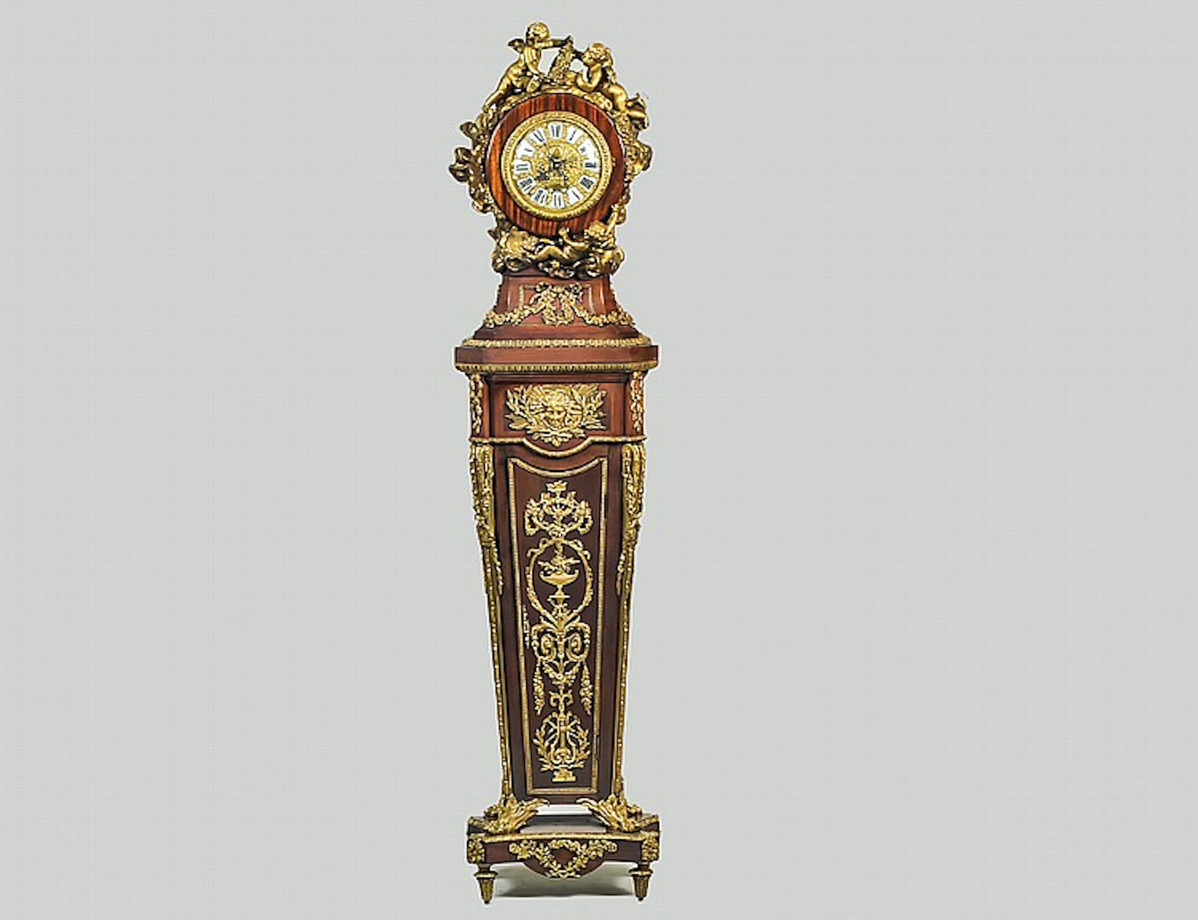 EMPIRE STYLE GILT BRONZE MOUNTED MAHOGANY TALL CASE CLOCK
