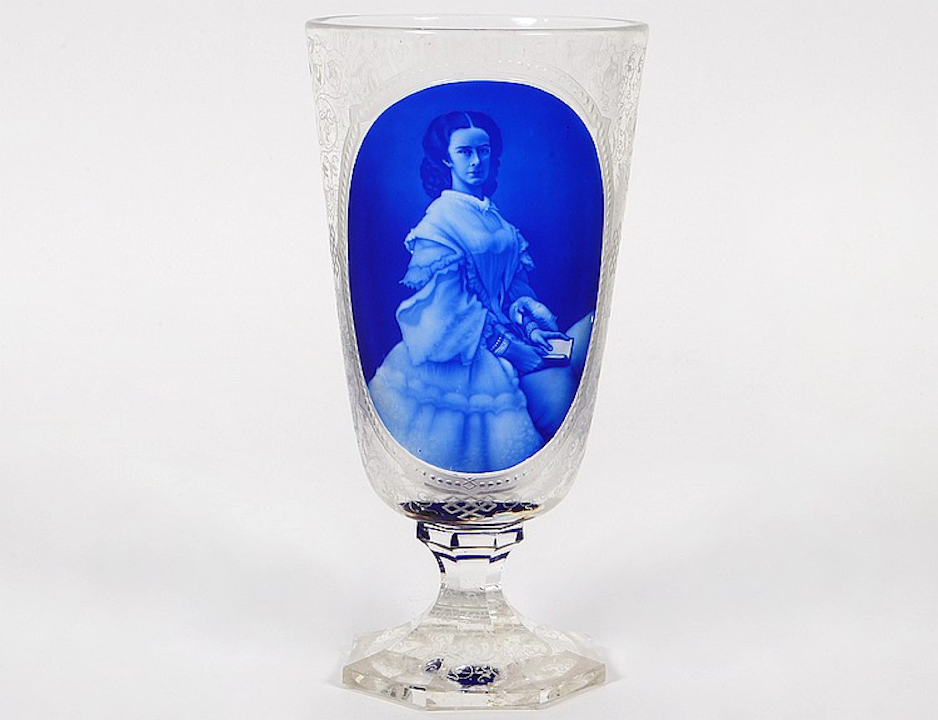 RARE BOHEMIAN ENGRAVED BLUE GLASS ROYAL GOBLET