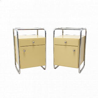 Pair of Bauhaus wooden bedside tables with chrome elements, 1930s