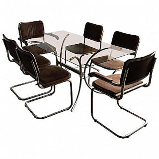 6 Cesca-style chairs by Marcel Breuer and smoked glass table, 1980s