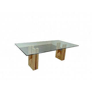 Travertine and oak table with glass top, 1960s