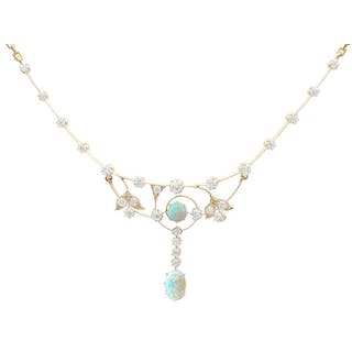 2.30ct Opal and 2.54ct Diamond, 14ct Yellow Gold Necklace - Antique Circa 1890