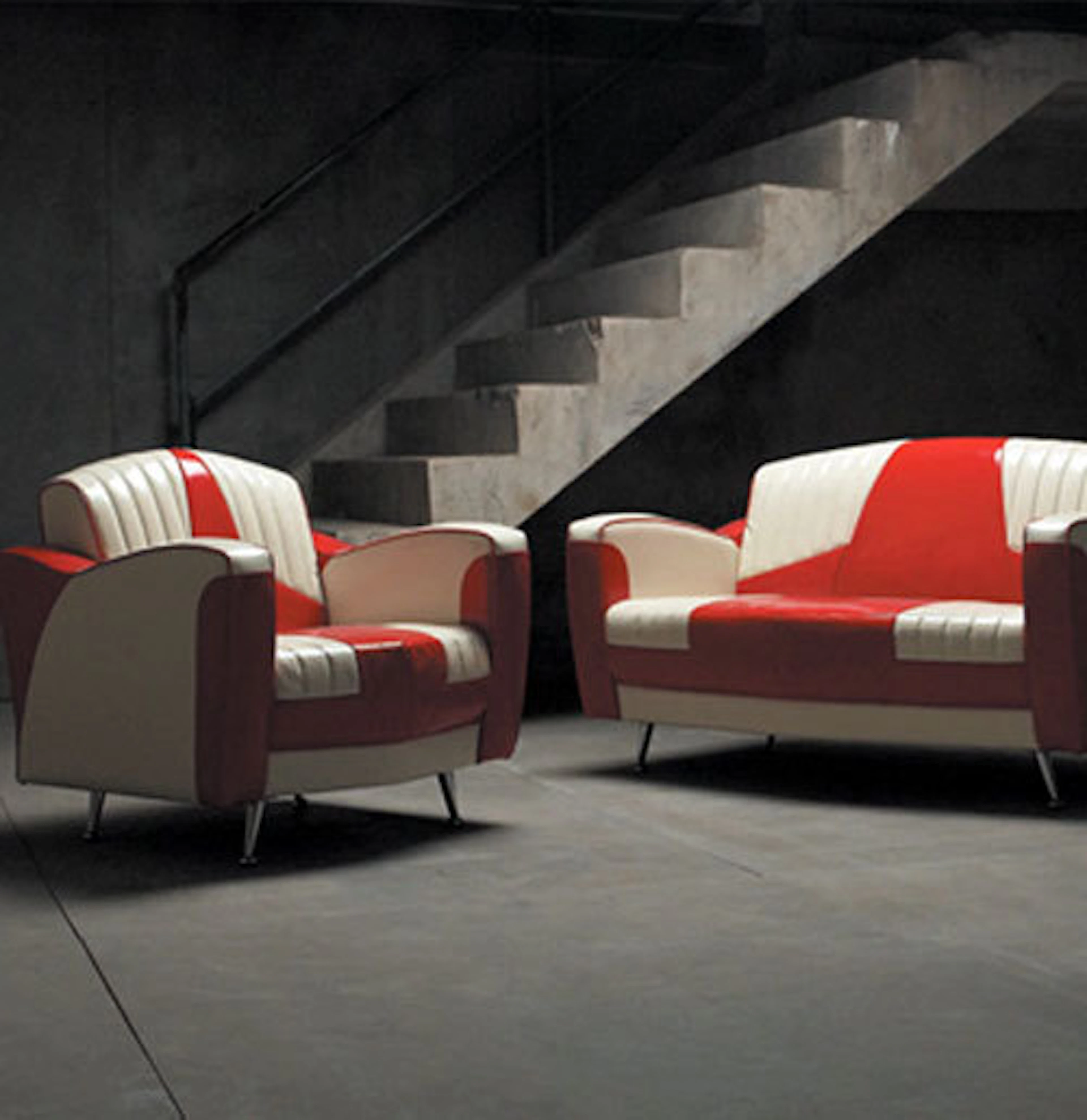 Cadillac Seat Style Sofa + Chair Red White