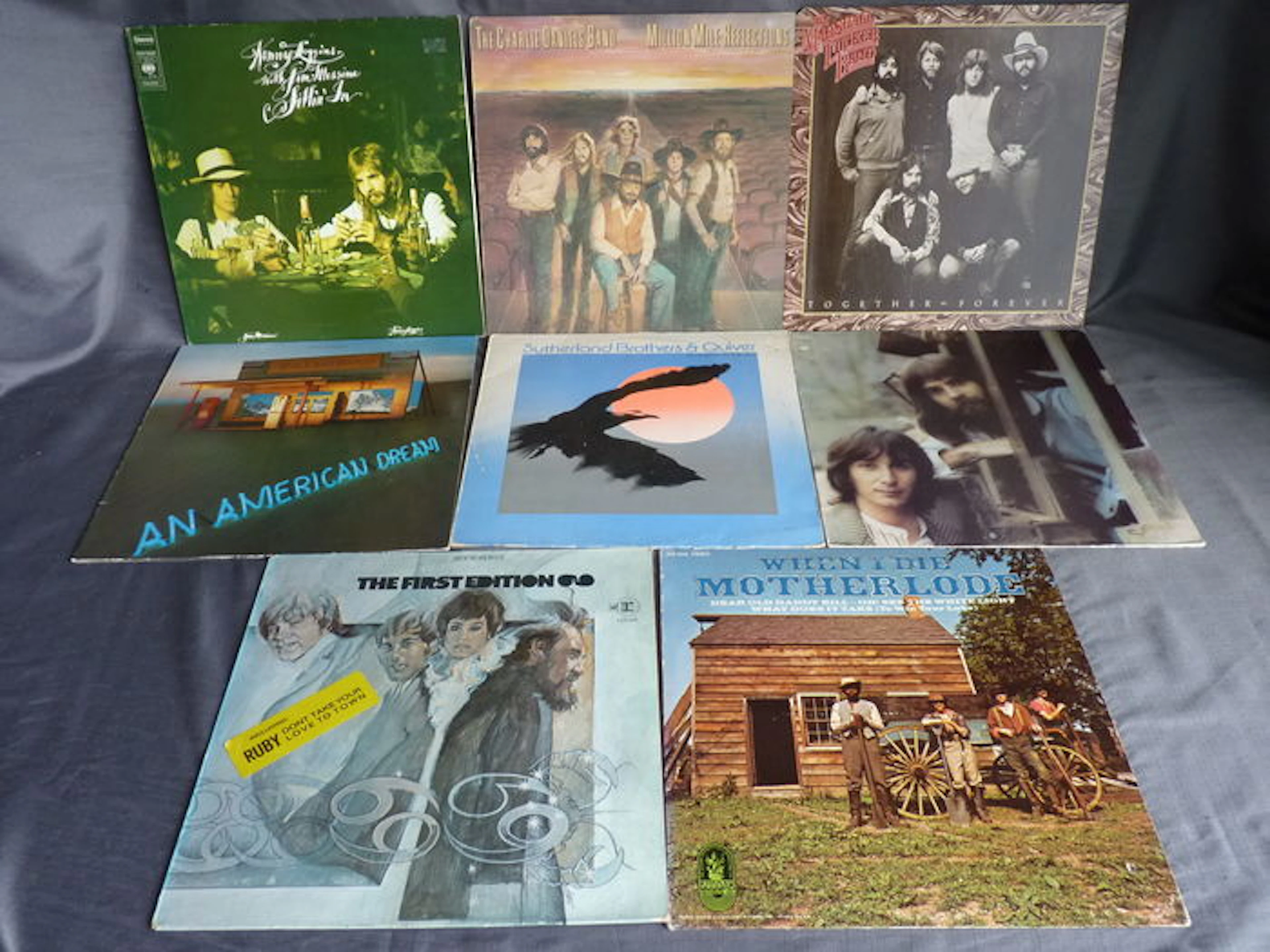 8 Country Rock / Folk Rock /Southern rock LP's : artists: Loggins & Messina / the Dirt Band /Sutherland Bros & Quiver / the Marshall Tucker Band / the Charlie Daniels Band / Motherlode / Kenny Rogers