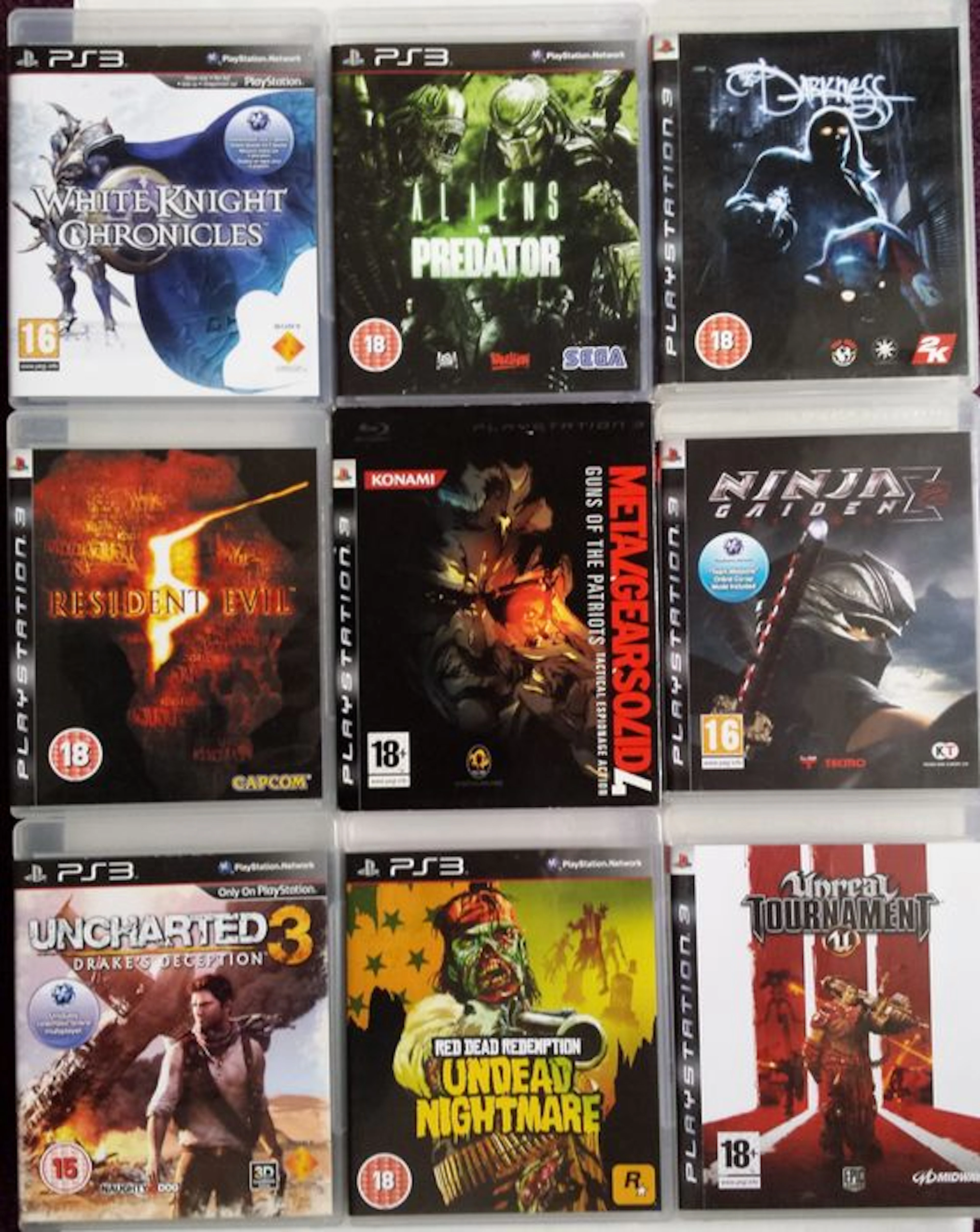 9 Playstation 3 games. Good titles! E.g. Metal Gear Solid 4, White Knight Chronicles, Ninja Gaiden Sigma 2