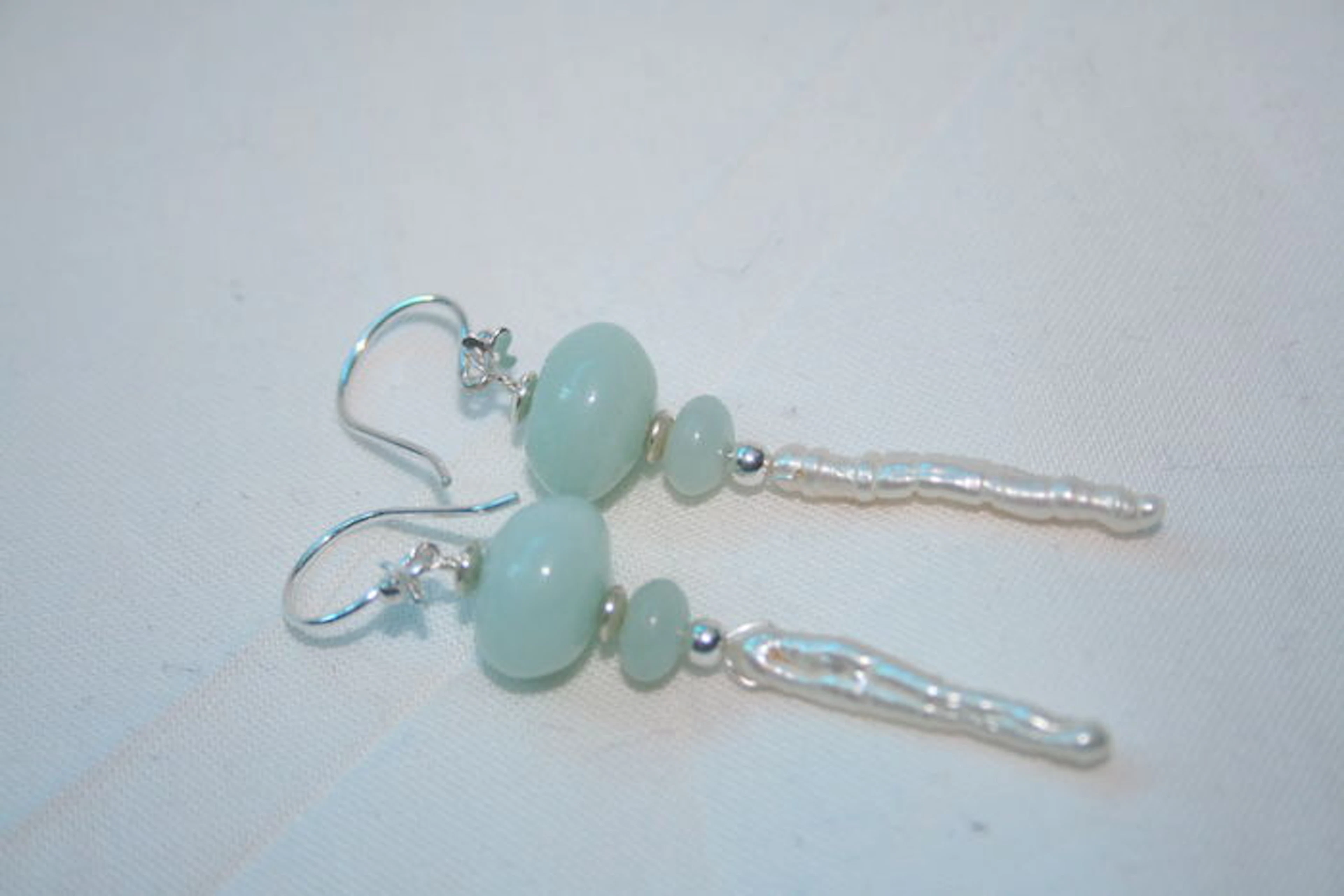 Amazonite earrings, hung with stick pearls