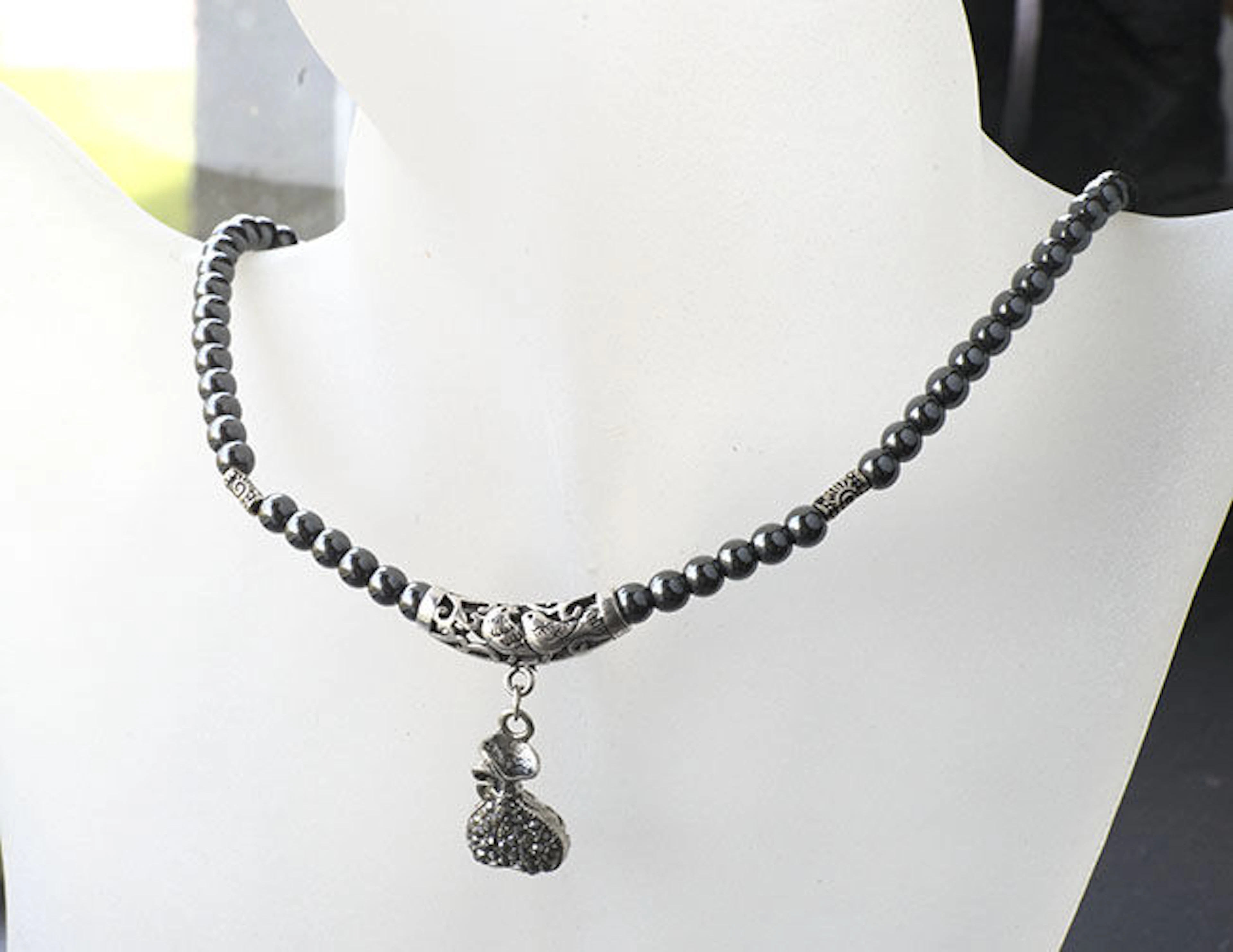 black tungsten stone necklace with sterling silver accessoires