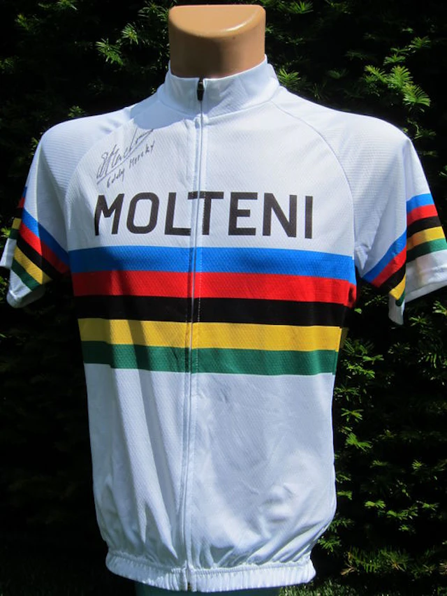 Eddy Merckx Moltini rainbow sweater World Champion original signature + COA + photo of signing session