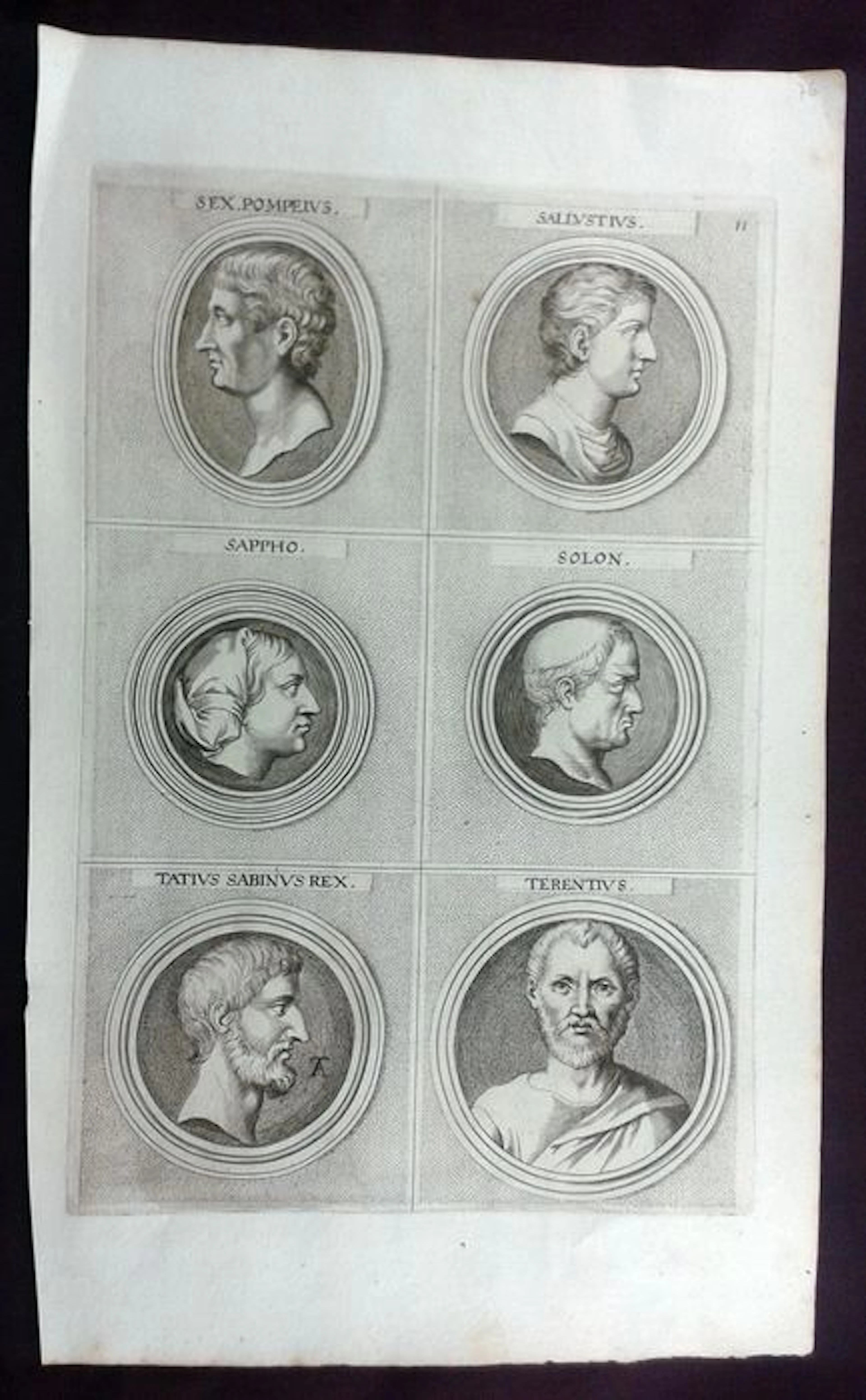 1677 - Terentius - 6 Portraits - Sandrart Folio - original antique copper engraving Ancient Greek Writers Poets Playwriters