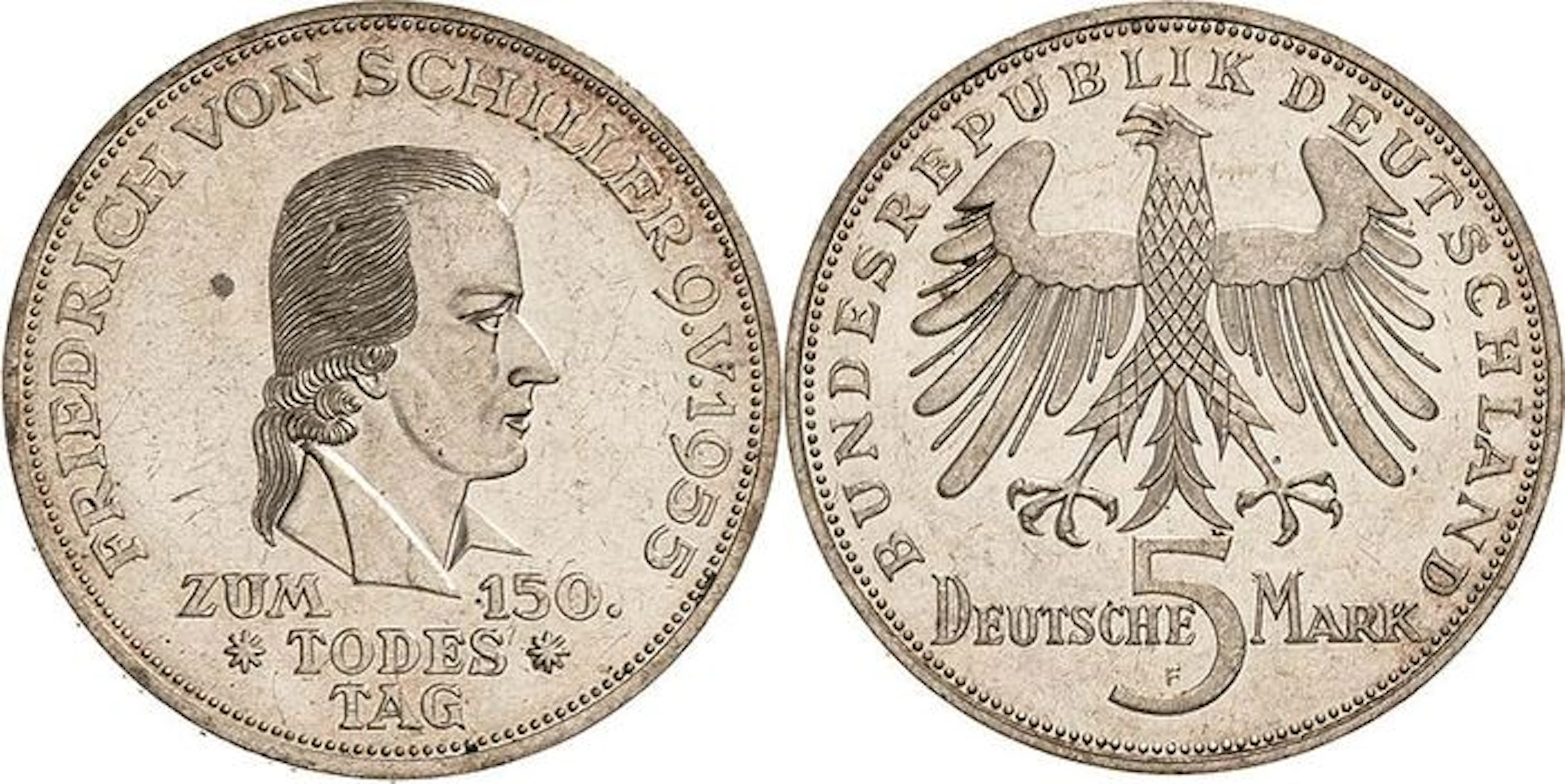 West Germany - 5 Deutsche Mark 1955 F 150th Anniversary - Death of Friedrich von Schiller - silver