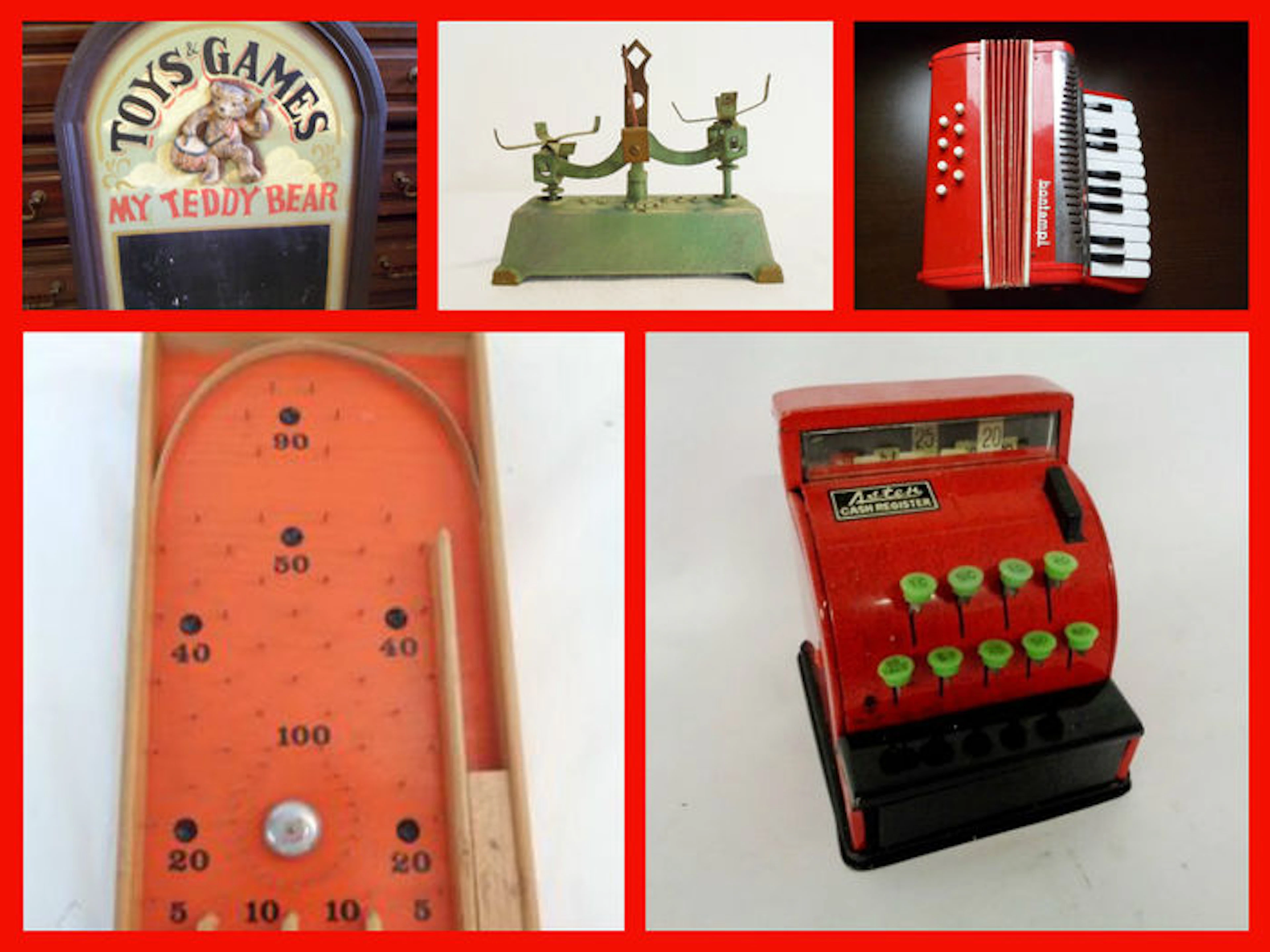 lot van 5 oud speelgoed jaren 30-70: Accordeon, weegschaal, kassa, pinball en reclamebord