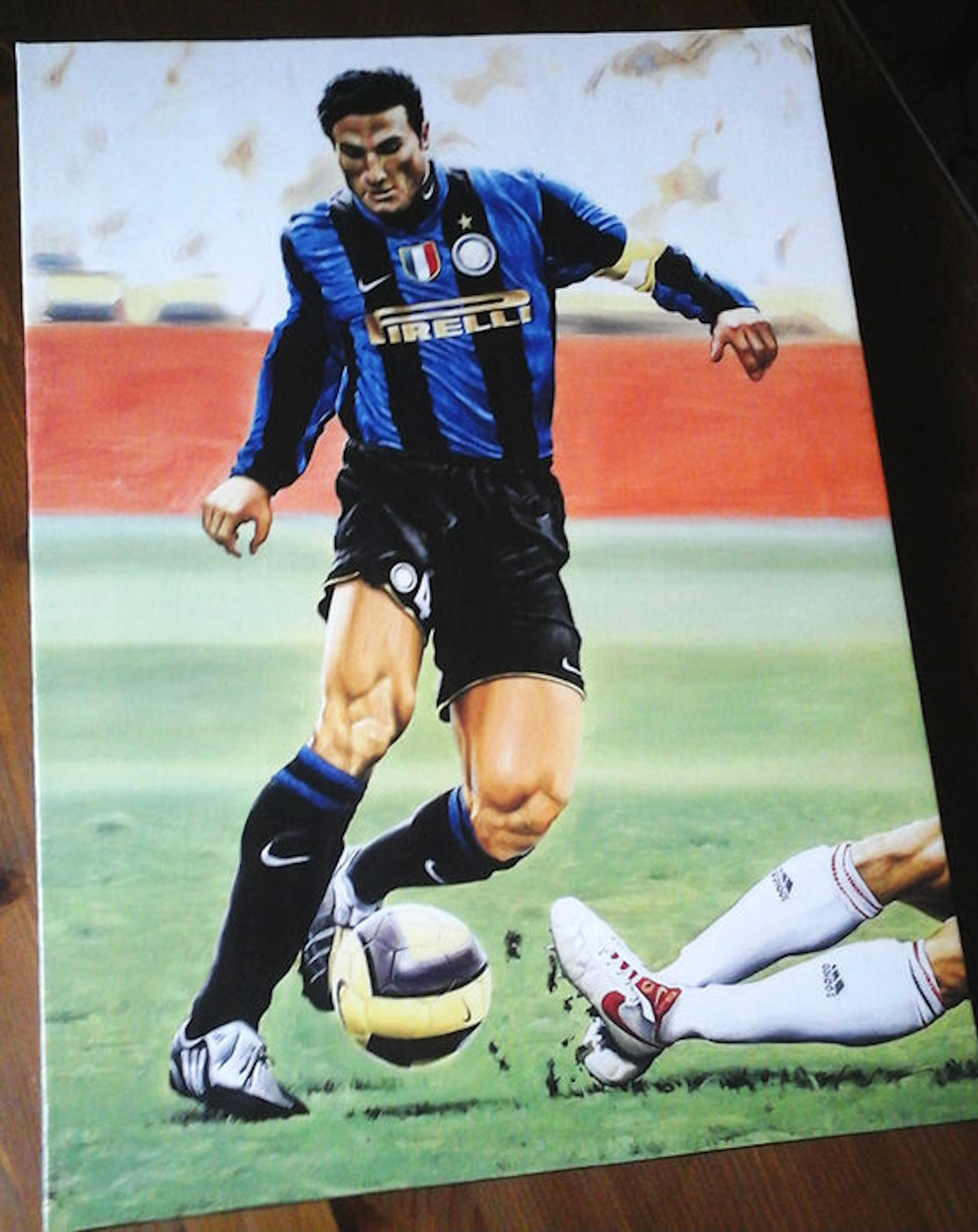 Javier Zanetti Canvas Artprint Inter Champions Soccer Shirt Hand-Signed by Artist Andrea Del Pesco