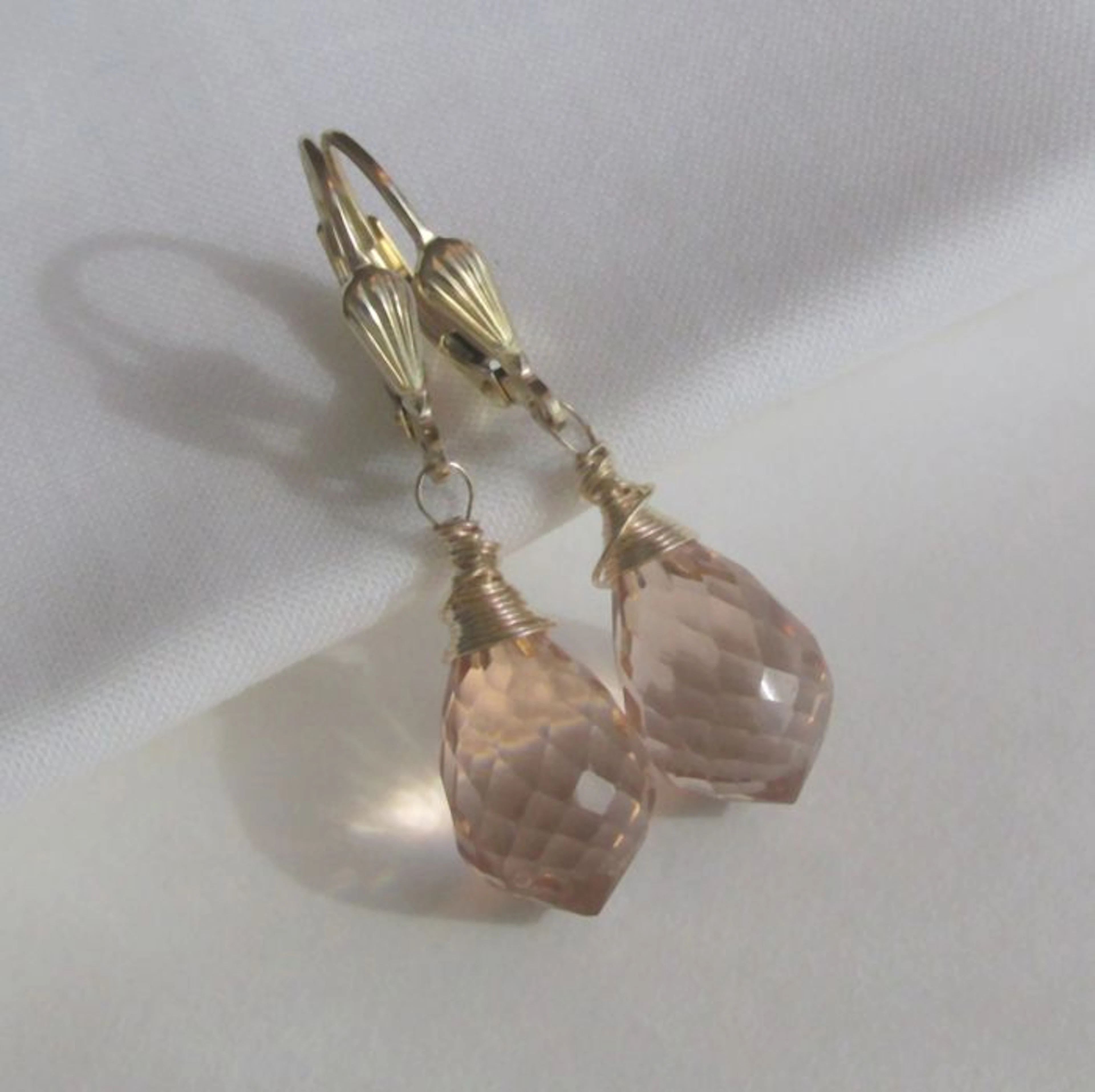 faceted morganite leverback earrings briolet drops peach-champagne-blush colour 14K