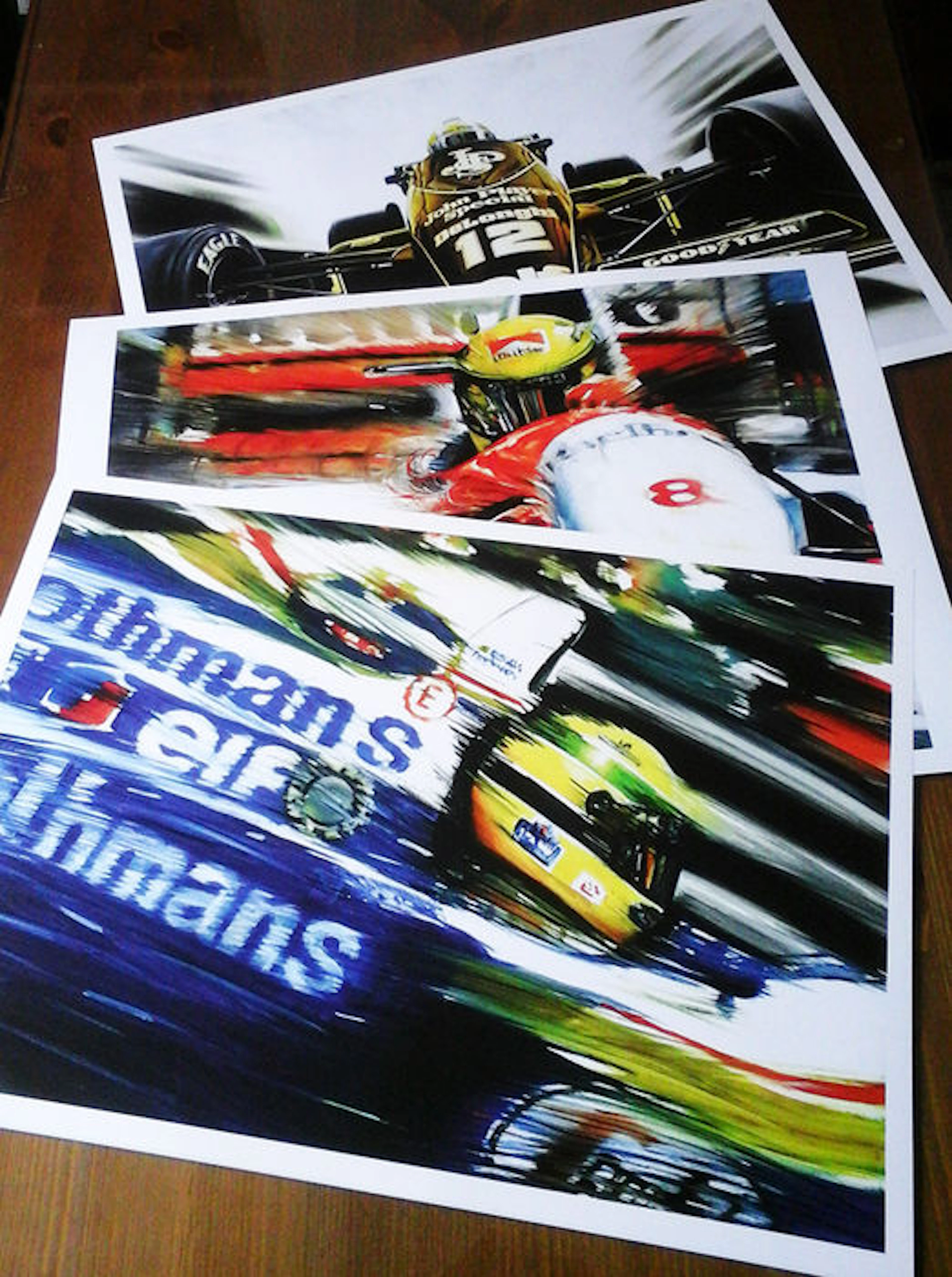 3 Artprints Ayrton Senna F1 Series Hand-Signed by Artist Andrea Del Pesco: Williams Renault FW16 1994, McLaren Ford MP4/8 1993, Lotus 98T 1986