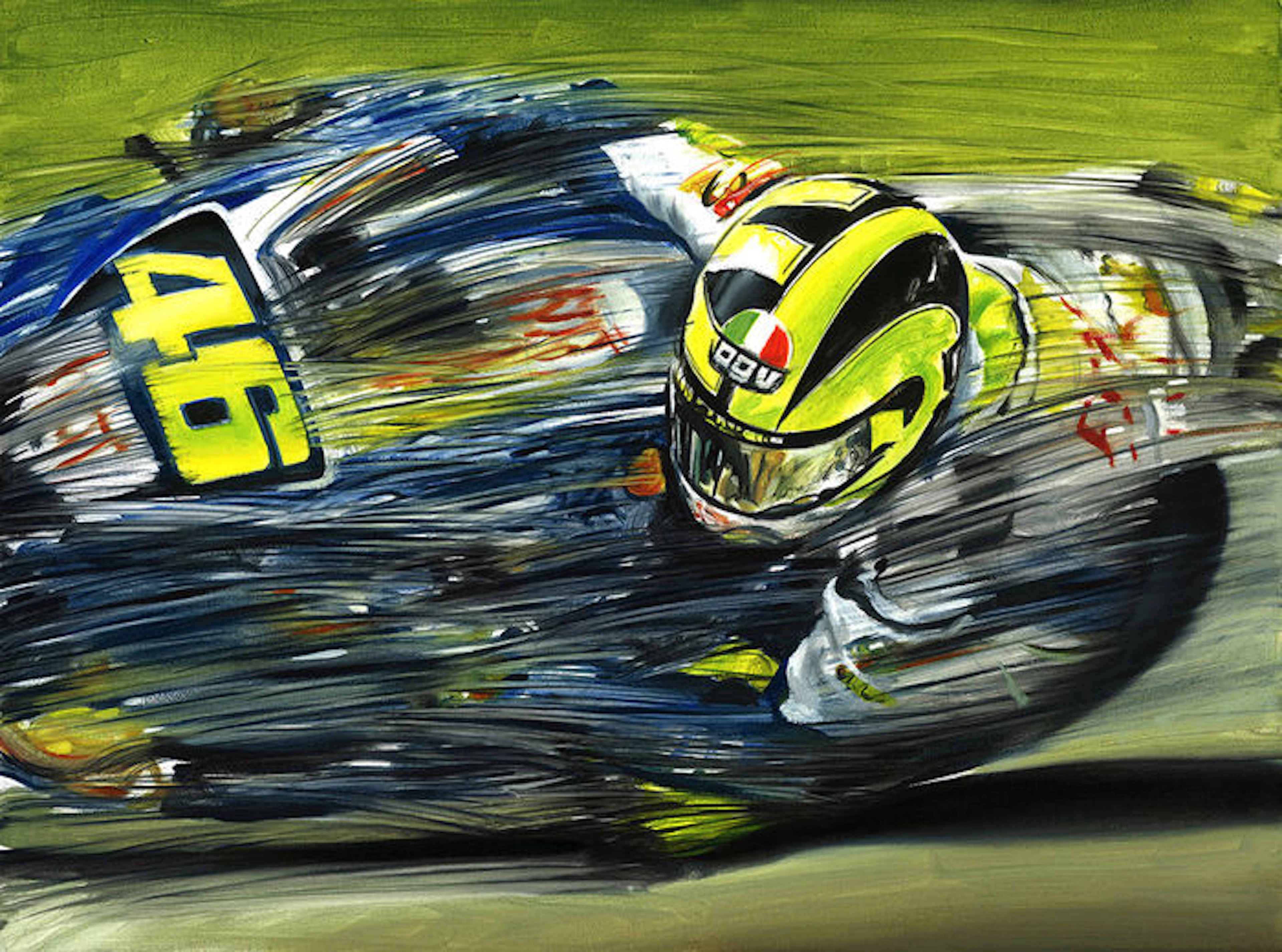 Valentino Rossi Original Oil Painting on Canvas Signed by Artist Andrea Del Pesco MotoGP Yamaha YZR-M1 Motorbike Biker.