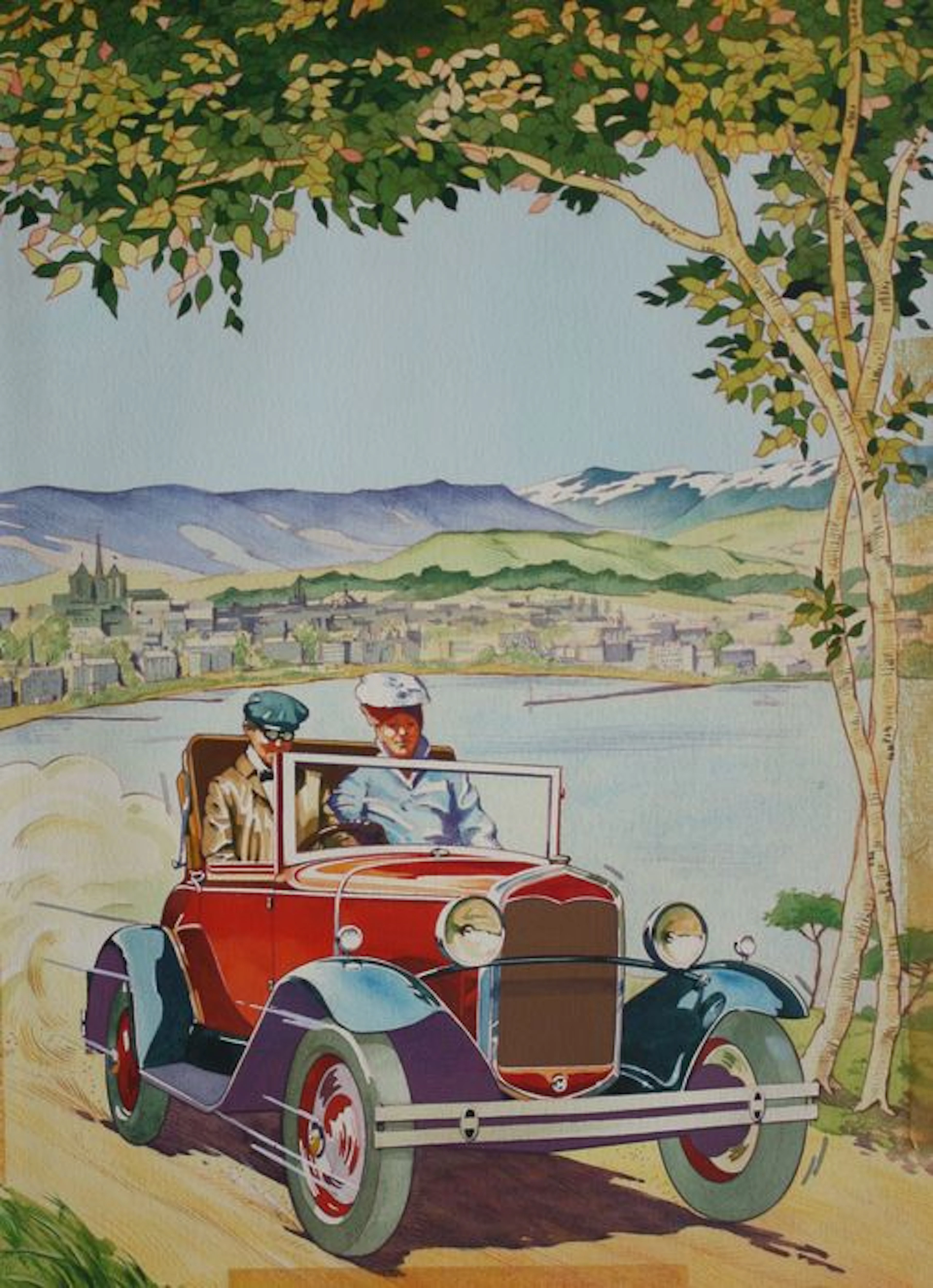 originele illustratie klassieke auto in landschap, 34x45 cm