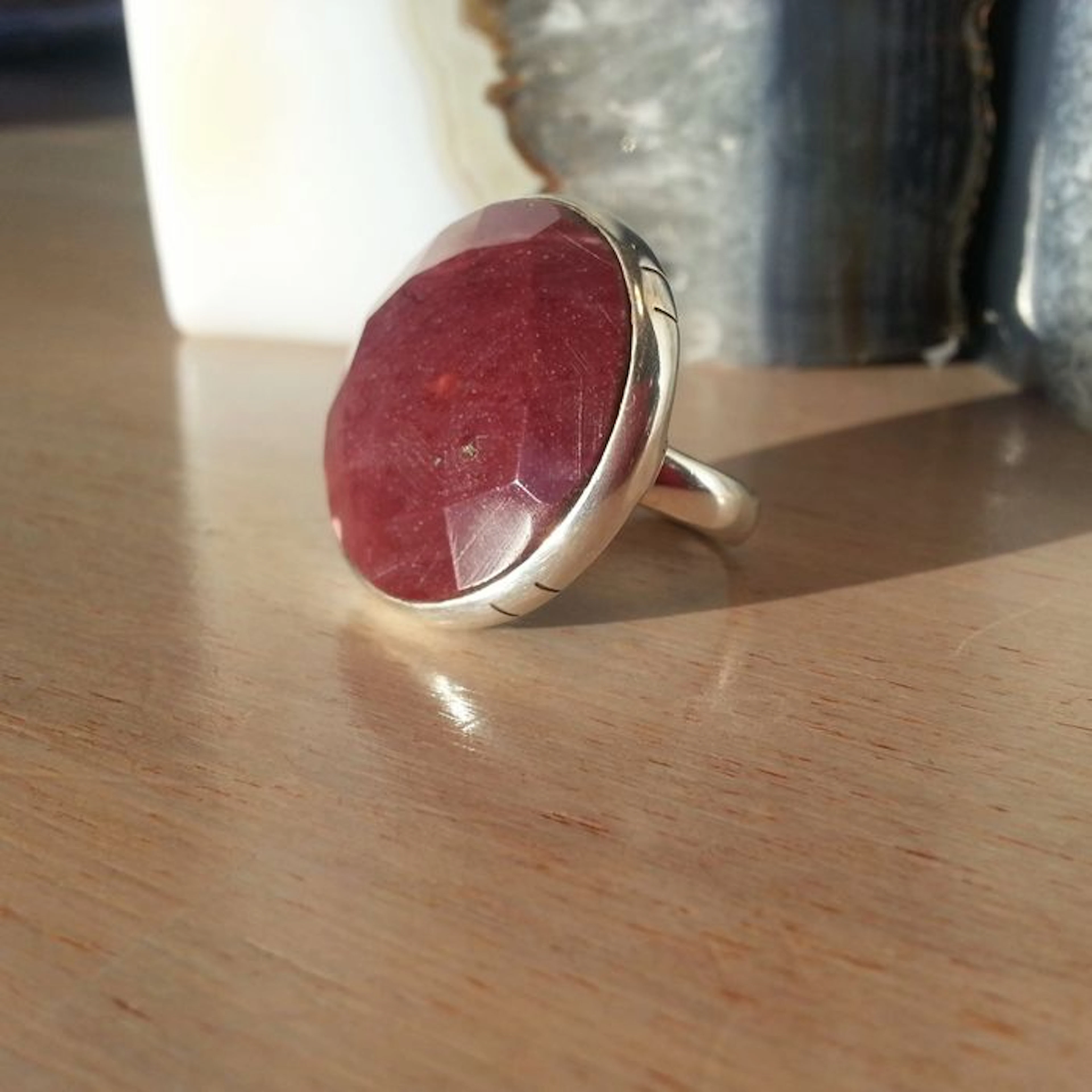 Large silver ring with mookaite (Australian jasper) stone