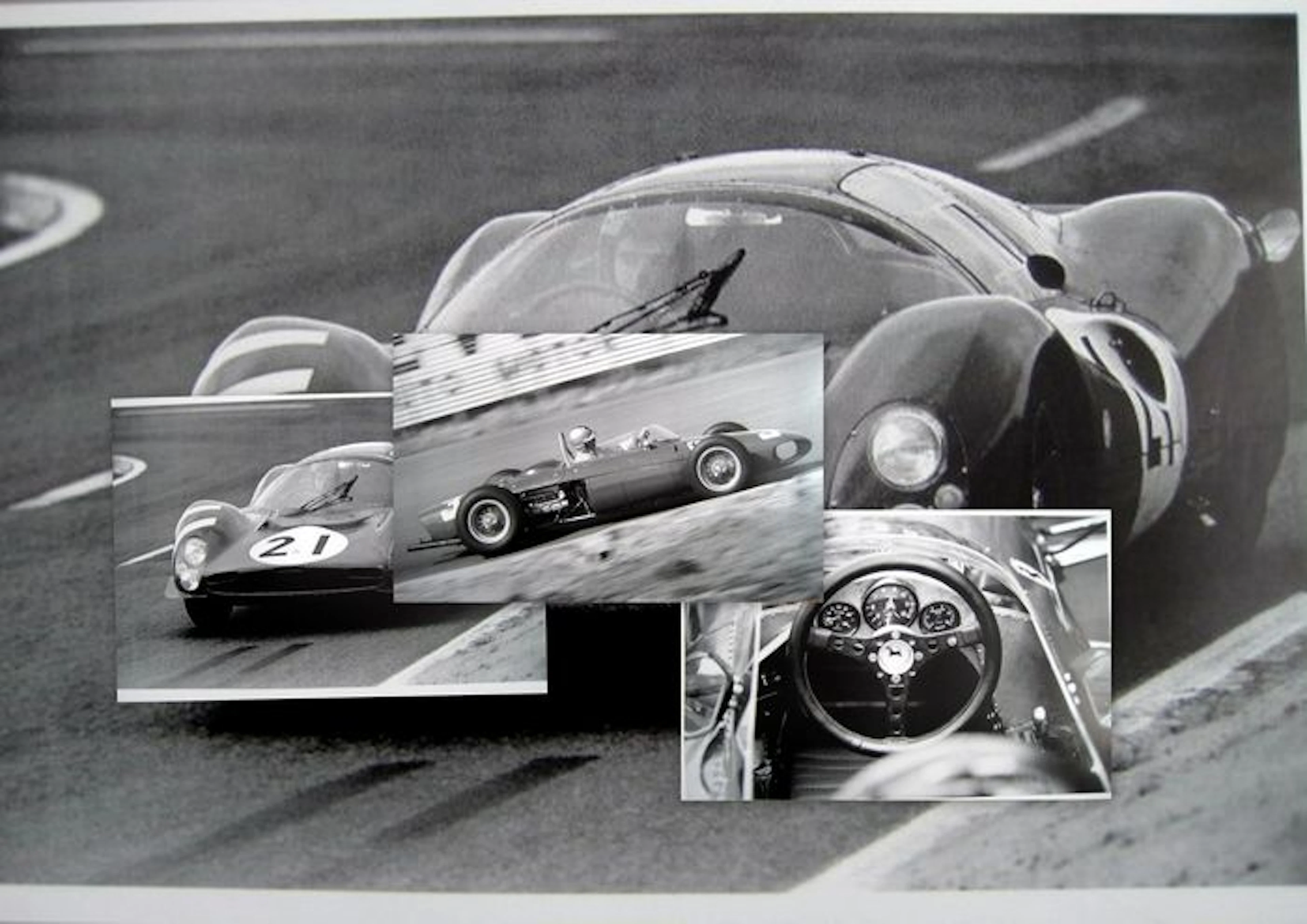 3x Poster/Affiche : Ferrari op het Circuit in nostalgische Zwart/Wit posters