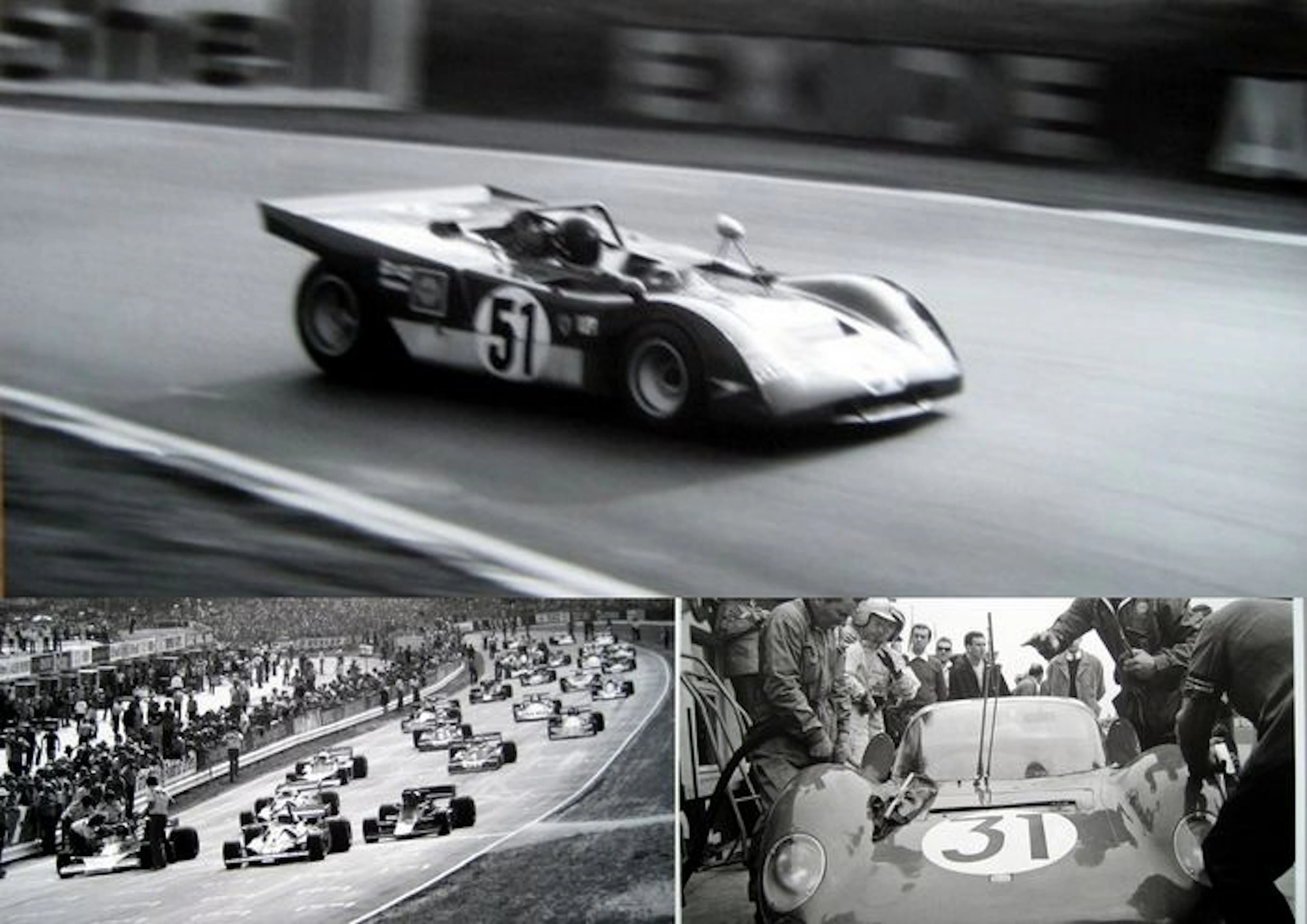 3x Poster/Affiche : Ferrari op het Circuit in nostalgische Zwart/Wit posters