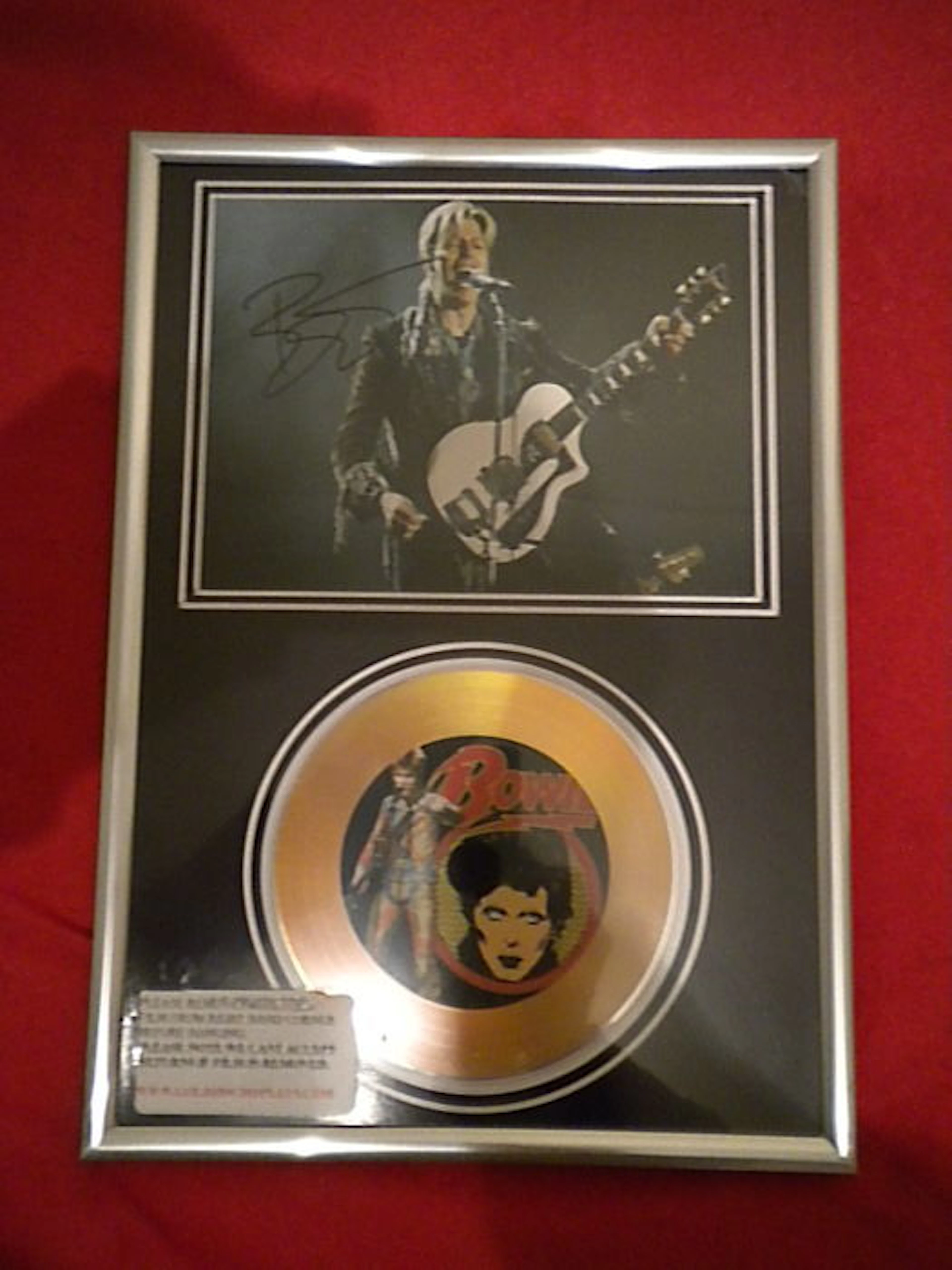 David Bowie Rock Tribute to Music (with Jagger) 12" Single & Silver Framed Bowie Gold Plated Single with photo; Bowie printed signature signed in photo