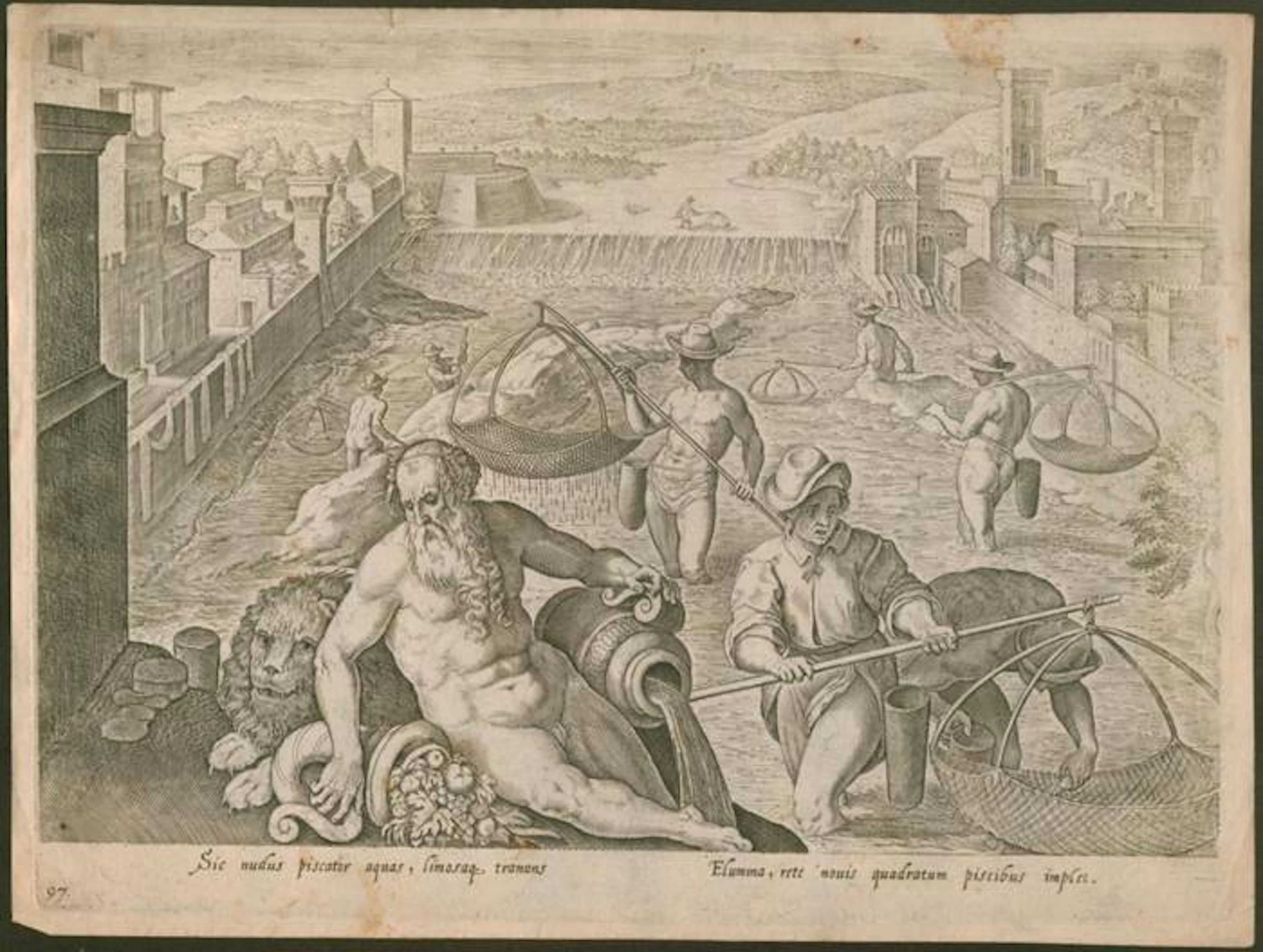 Johannes Stradanus ( 1523-1605) - Visvangst voor een Italiaanse stad.
