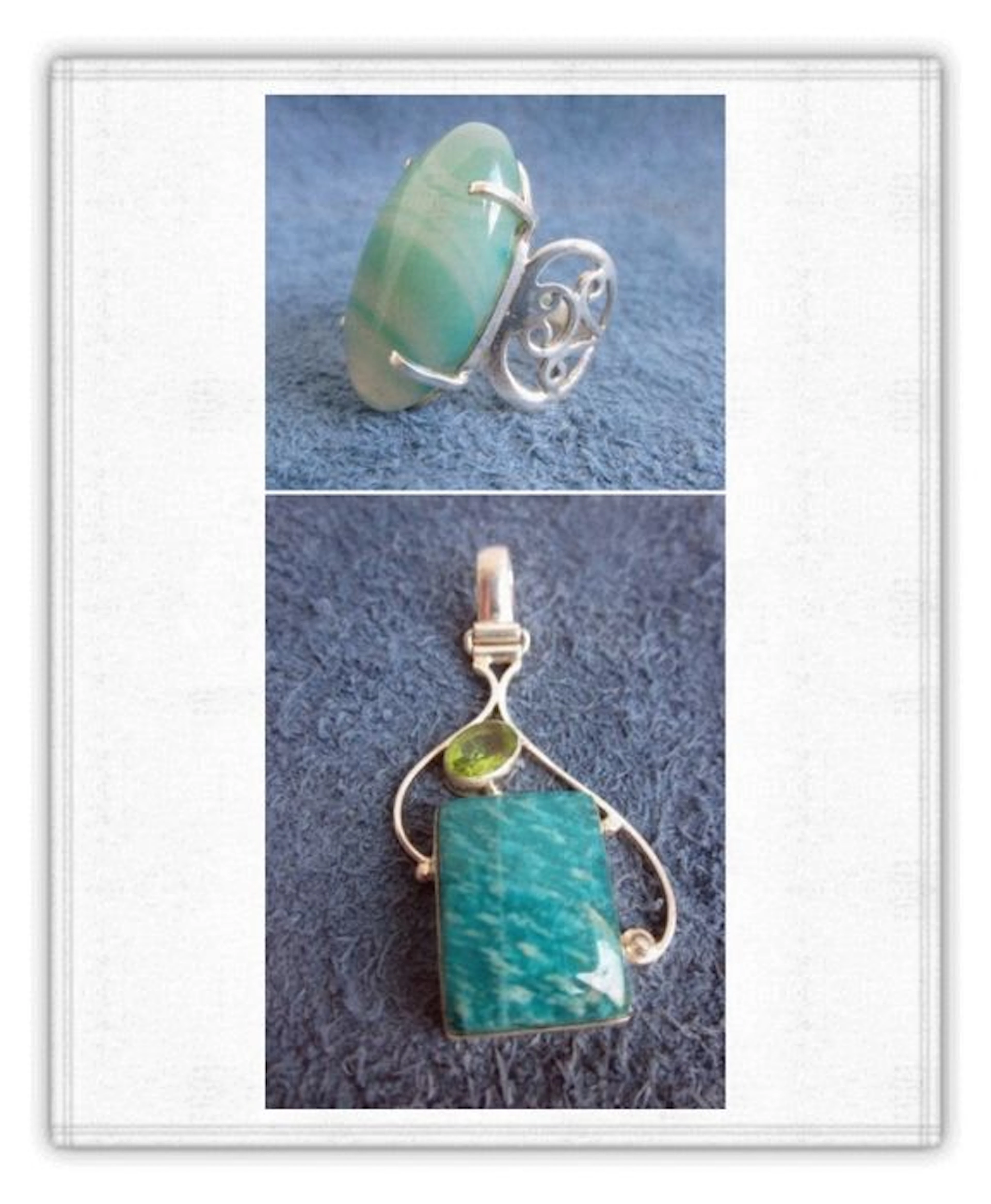 Set of 925 silver design ring and pendant set with Botswana agate, shattuckite and peridot