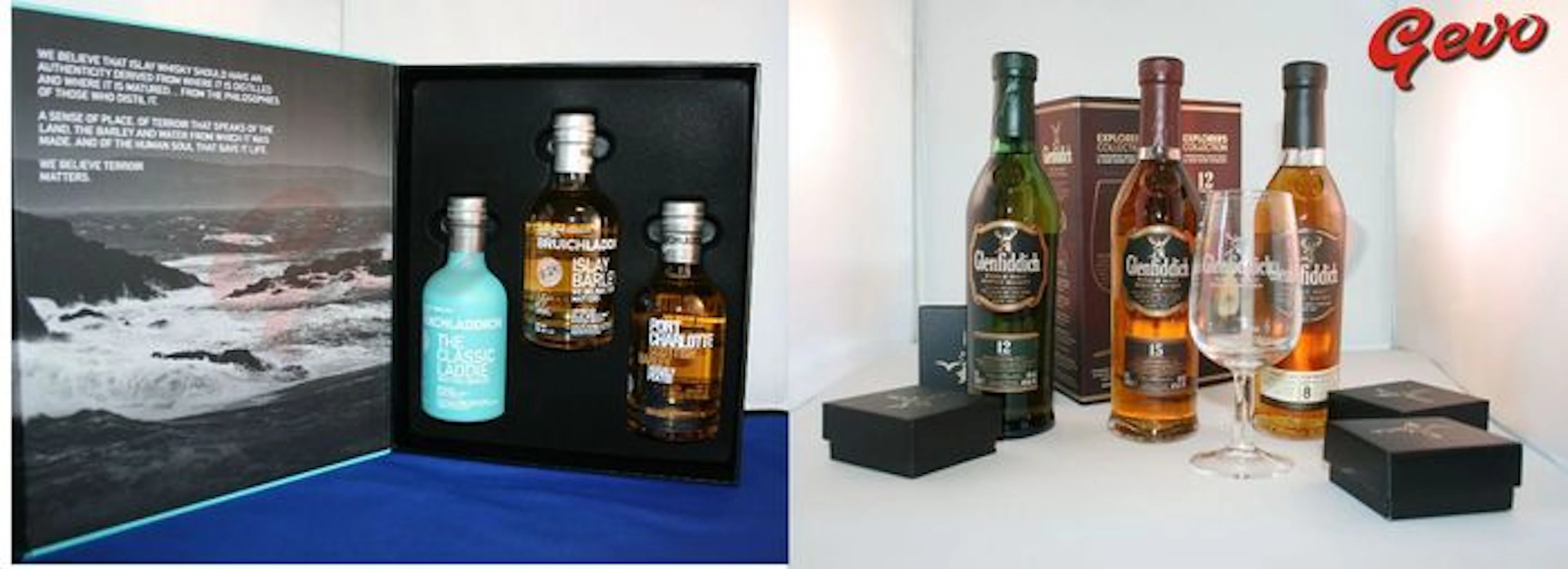 3 Bottles Bruichladdich in giftbox + Glenfiddich Explorer's Collection 12 YO - 15 YO - 18 YO + Glenfiddich tasting glass 6x 20cl