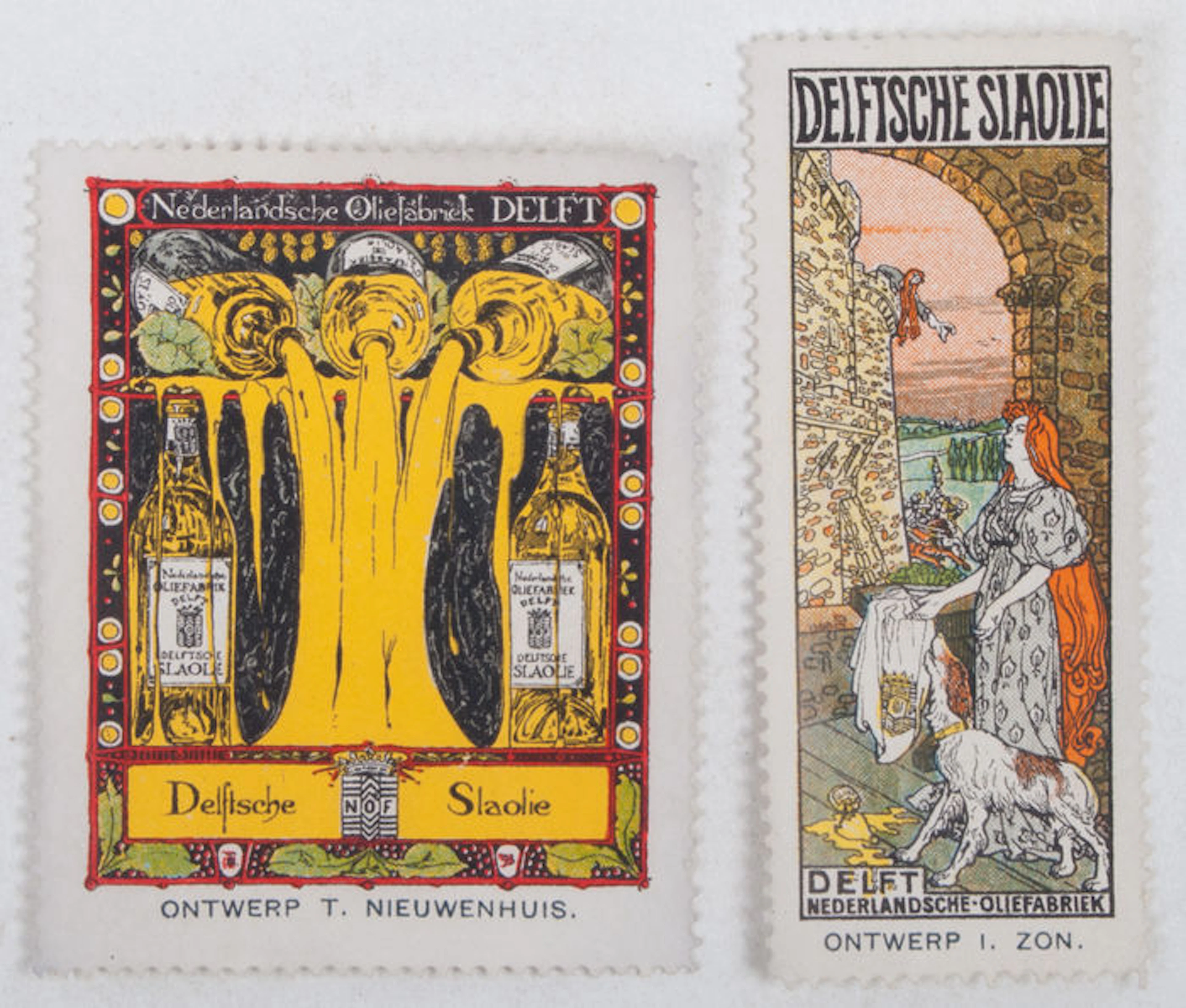 Theo Nieuwenhuis and Jacques Zon - two picture stamps Delftsche Slaolie