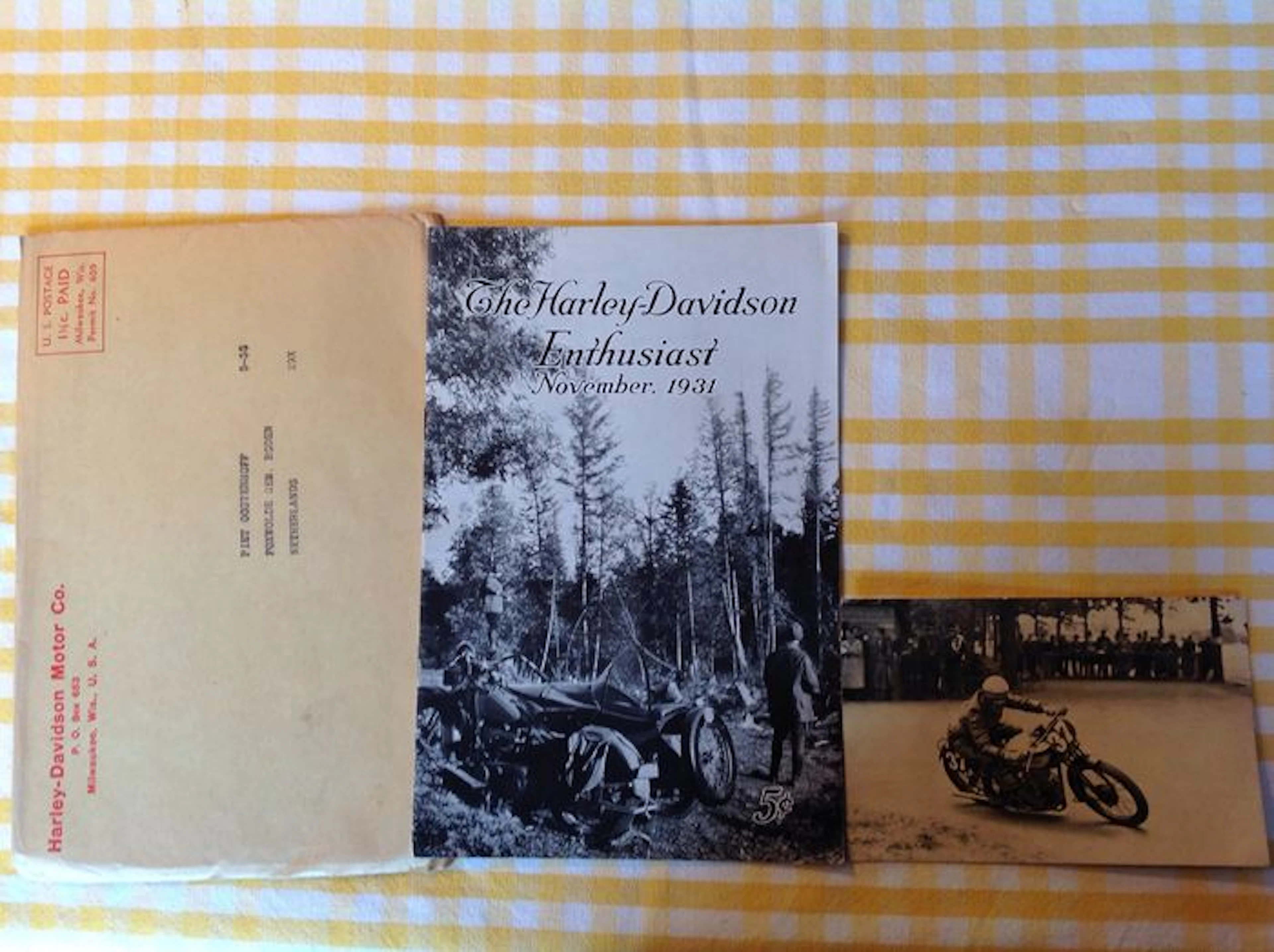 The Harley-Davidson Enthusiast Nov. 1931 + Vintage postal card TT winner Jimmy Simson + Original Harley-Davidson envelope - Thirties