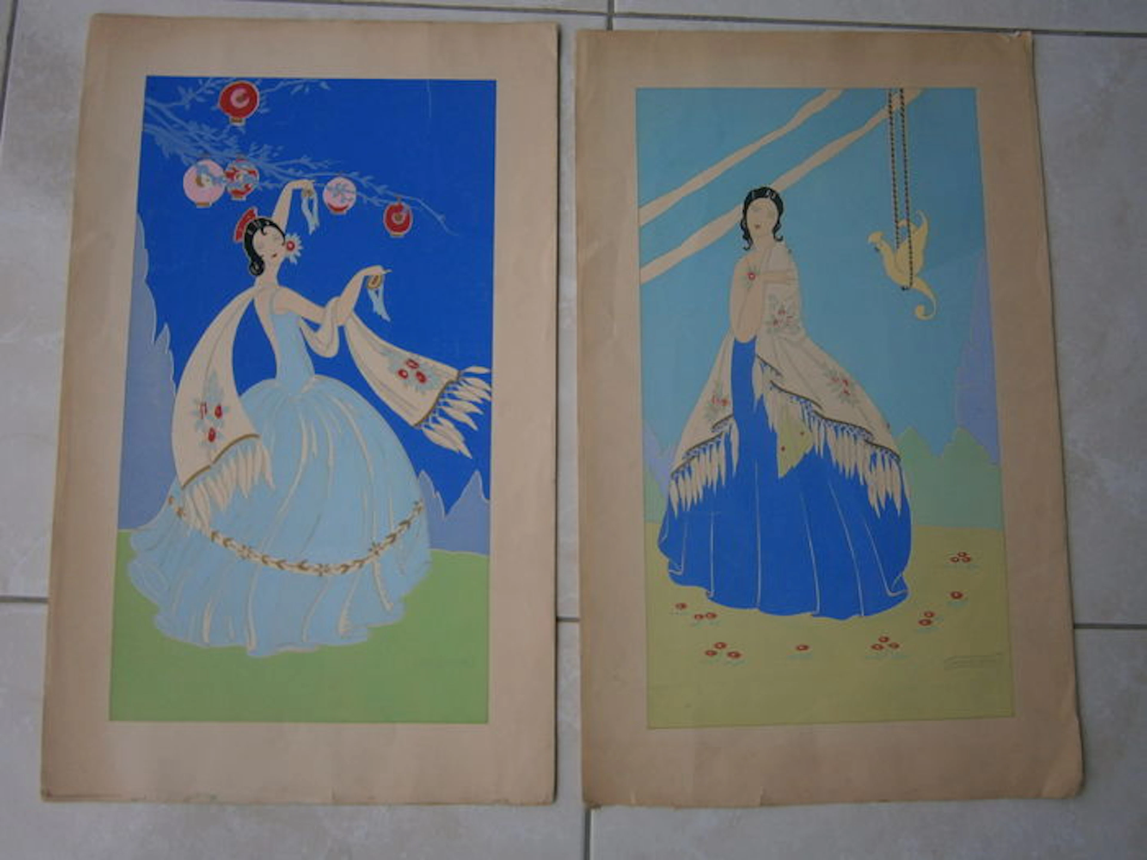 Bruno Gherri-Moro (1899-1967) - two Art Deco 'pochet' works, ' lady with lanterns' and ' lady with cockatoo'