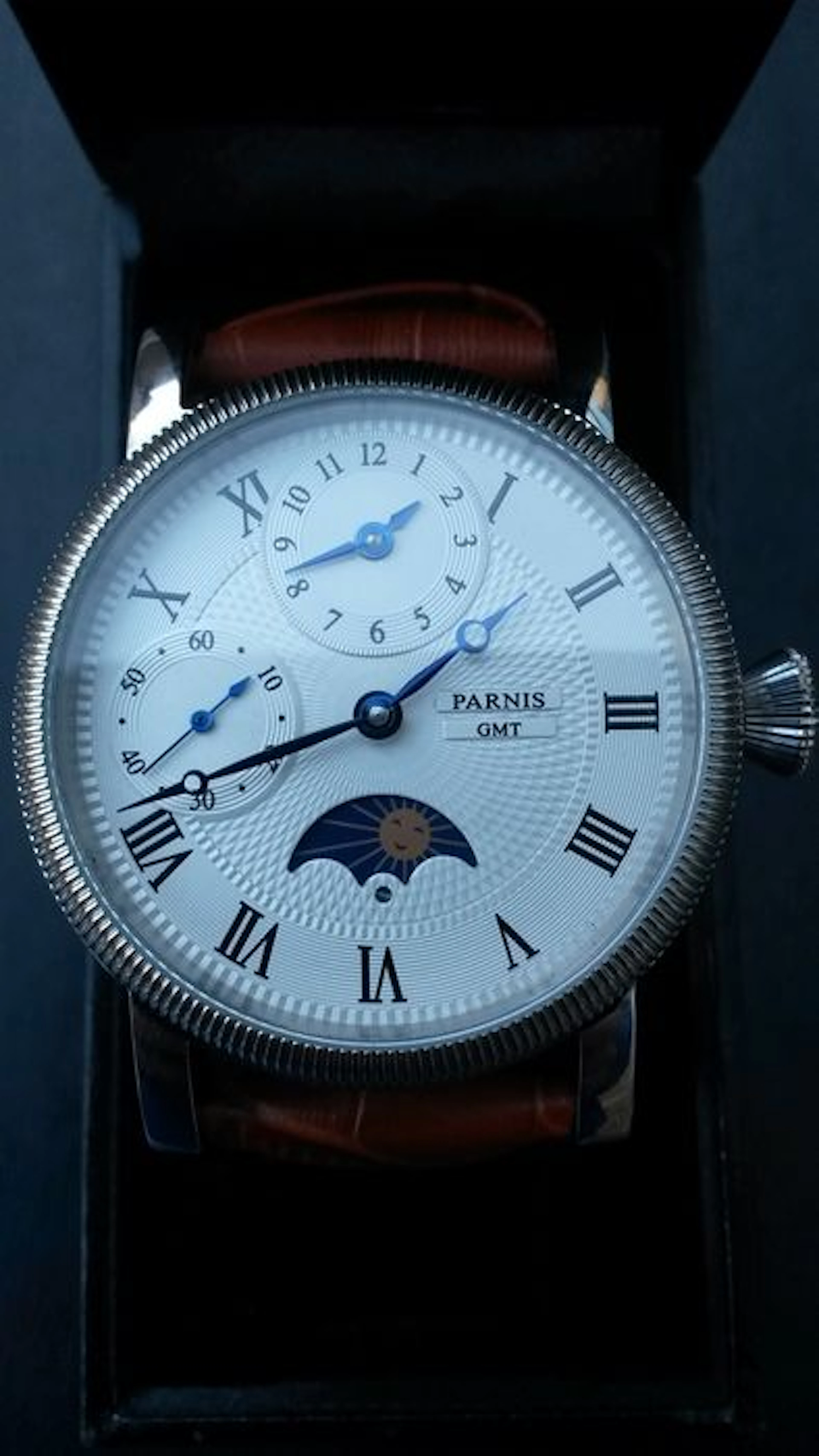 Parnis GMT Moonphase Skeleton men's wristwatch 2015