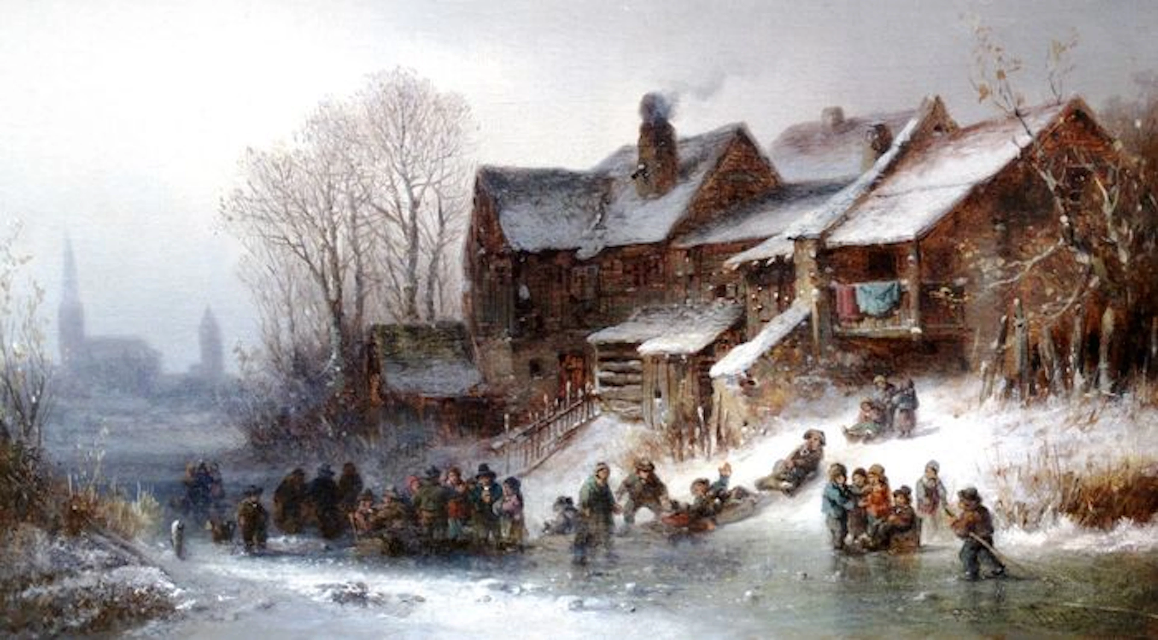 Anton Doll (1826-1887) Winterlandschap met spelende kinderen