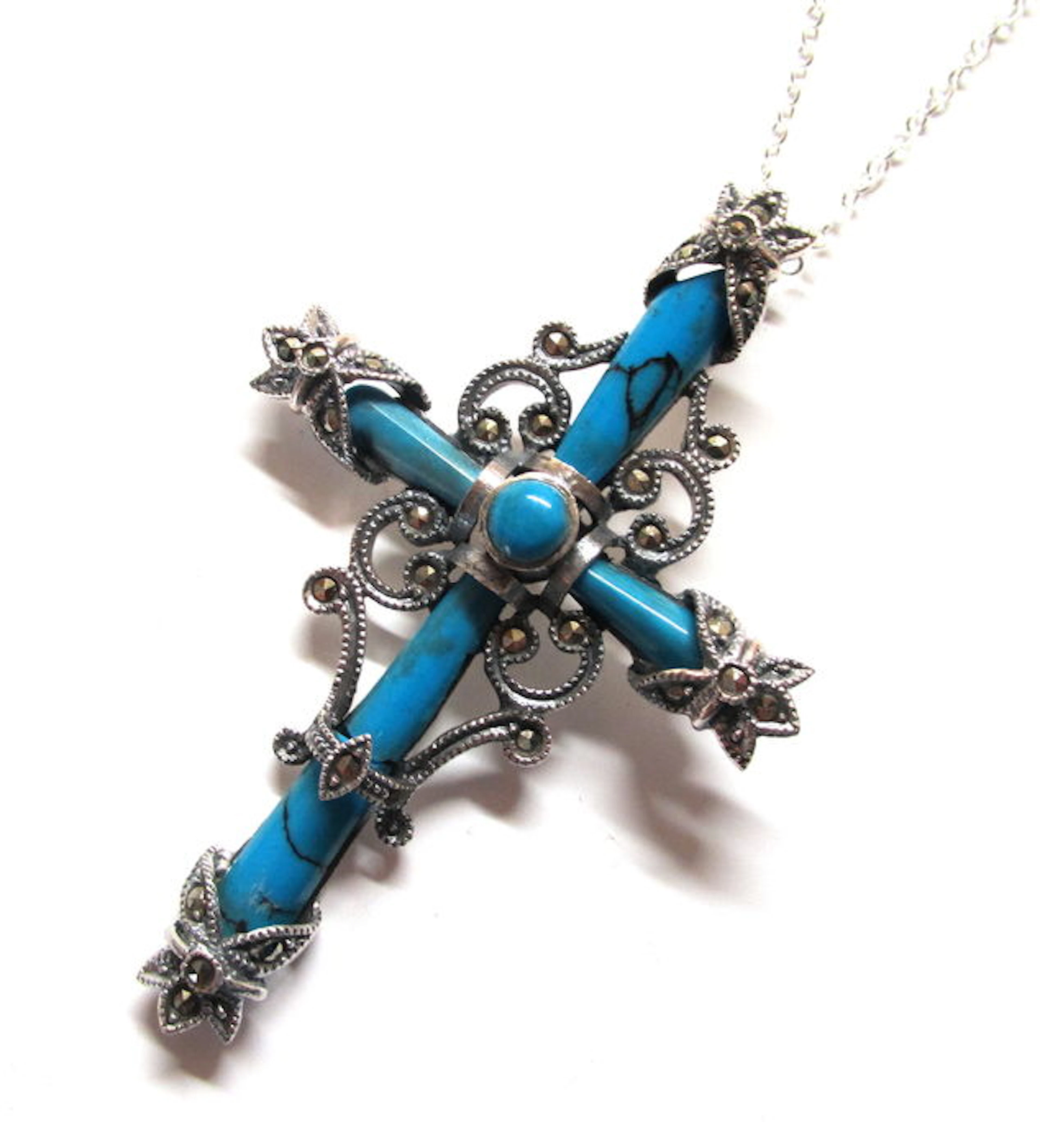 925 Silber Markasiten Kreuz Anhänger im Art Déco - Stil mit Türkis & 925 Silber Halskette