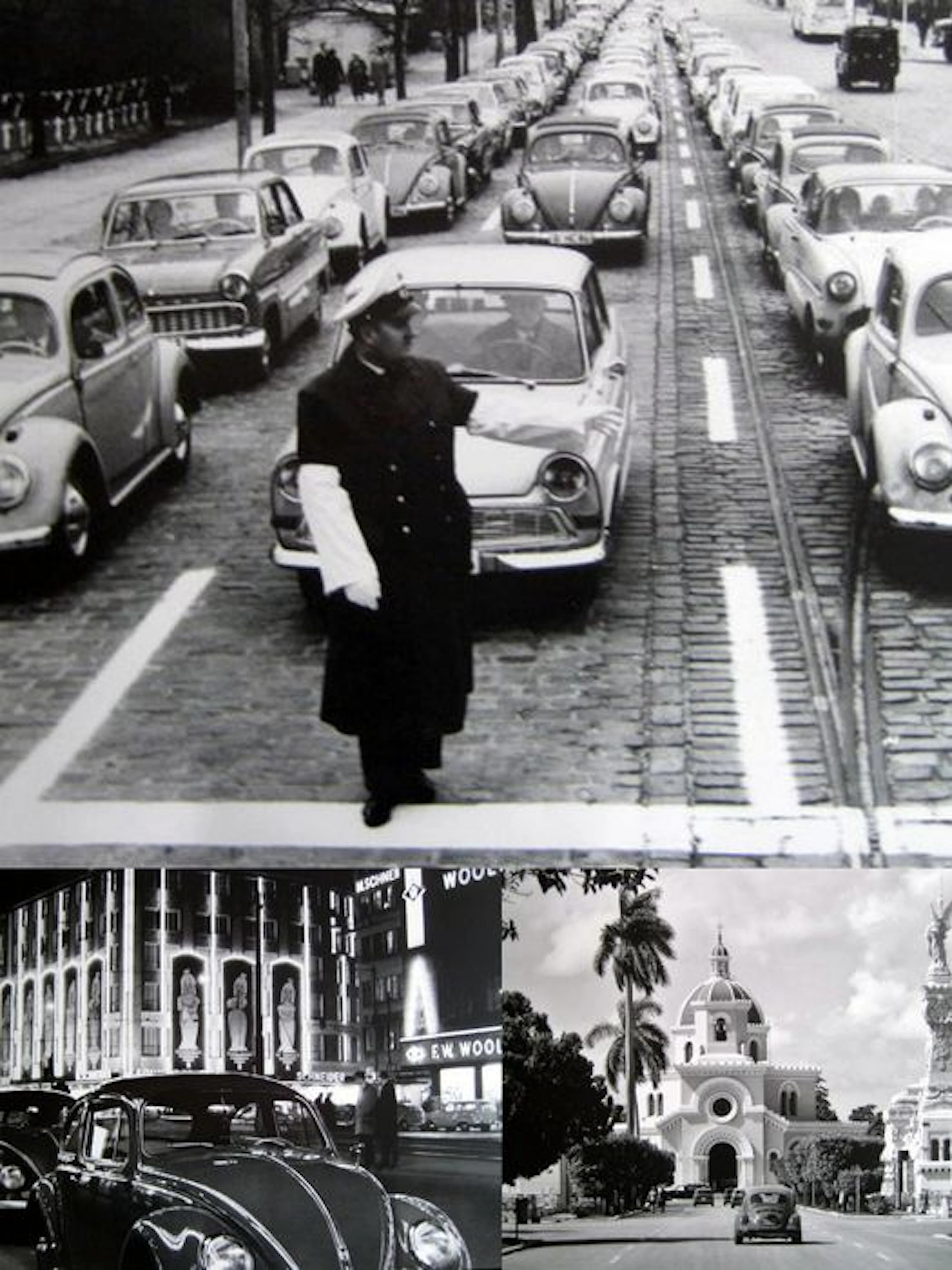 3 Nostalgic Posters : Volkswagen Beetle in years 50/60 surroundings