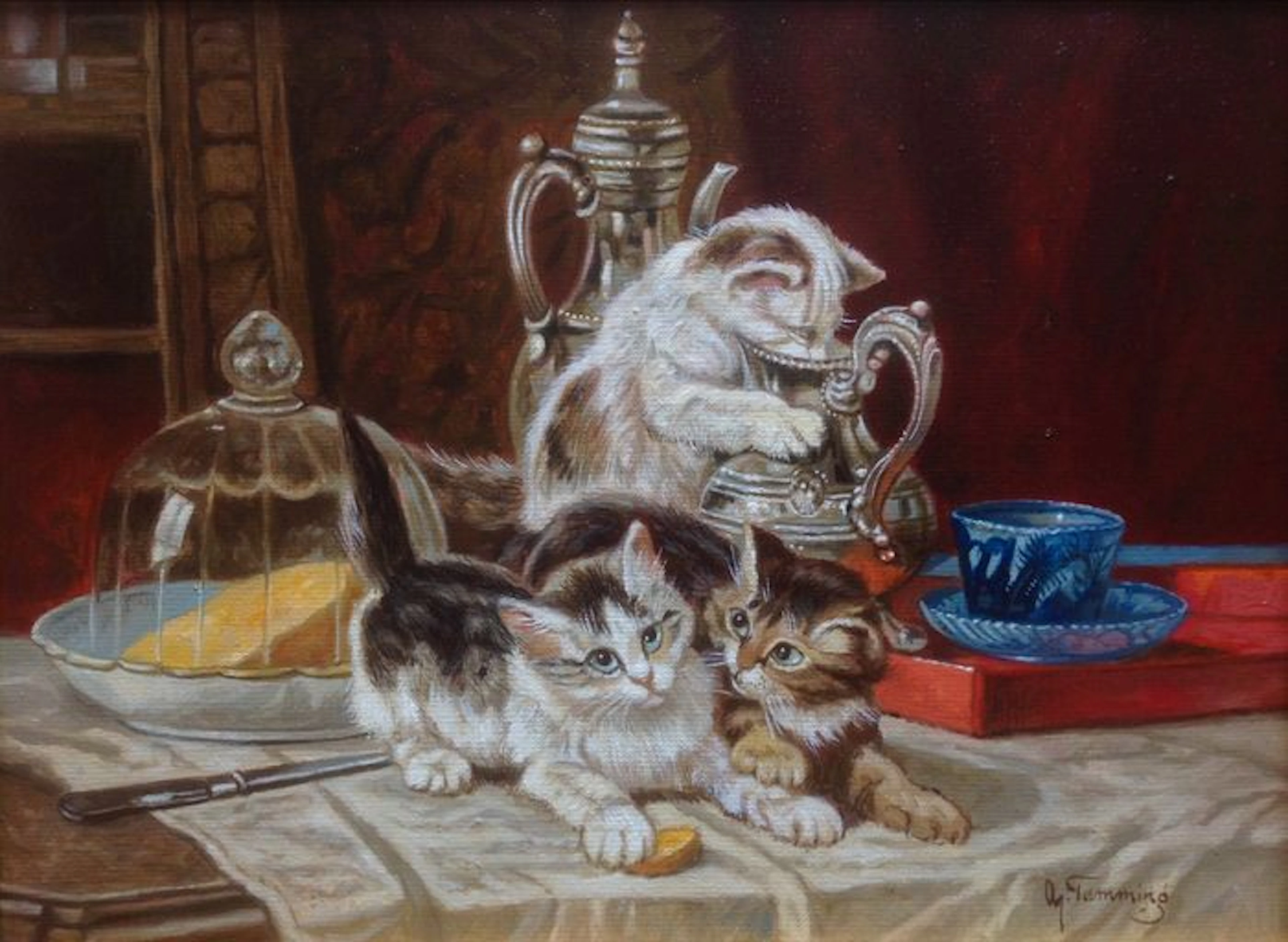 Albertus J. temming (1942-) - "Cats on the table"(copying Ronner-Knip)
