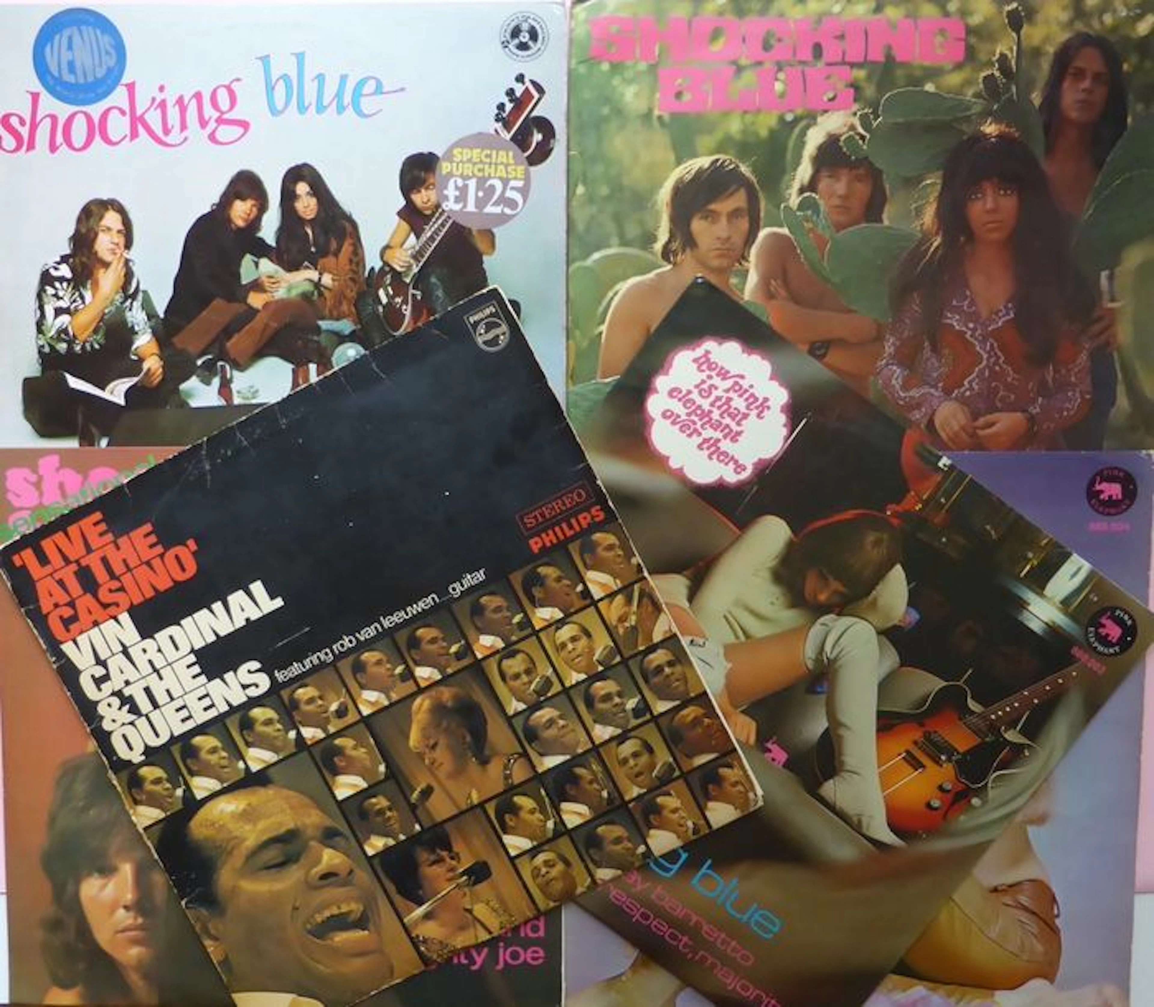 Vintage records by Shocking Blue (3) and friends (3), including rare album by Vin Cardinal & The Queens "Live at the Casino" VG+/VG+