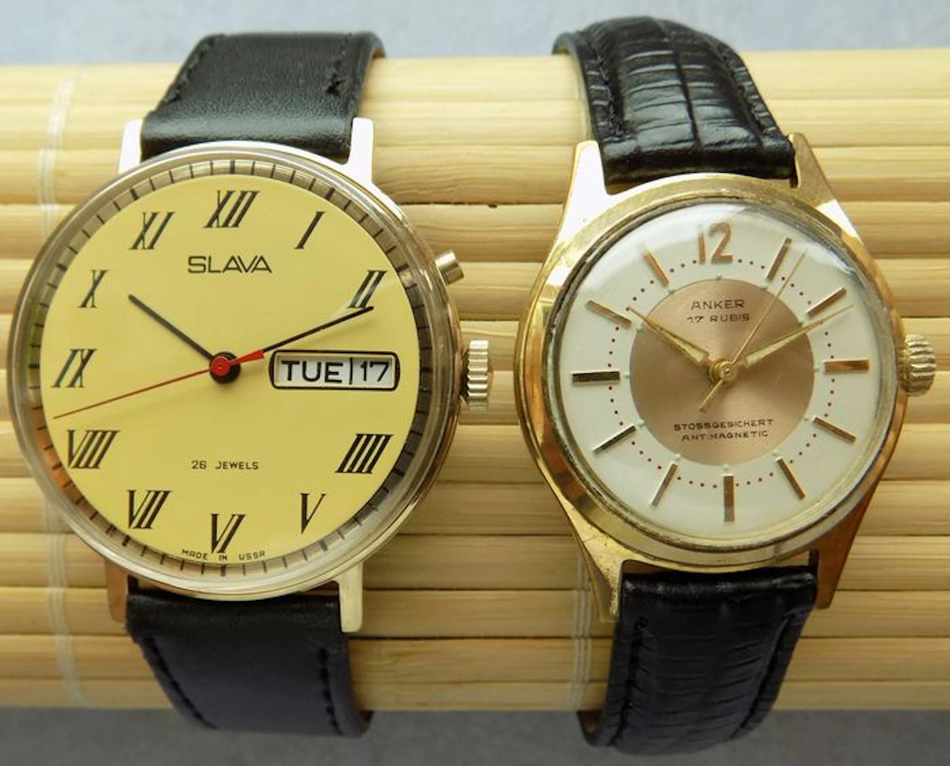 SLAVA Day Date 26Jewels + Anker 17Rubis -- Los von 2 Herren Armbanduhren aus den 50er - 80er Jahren