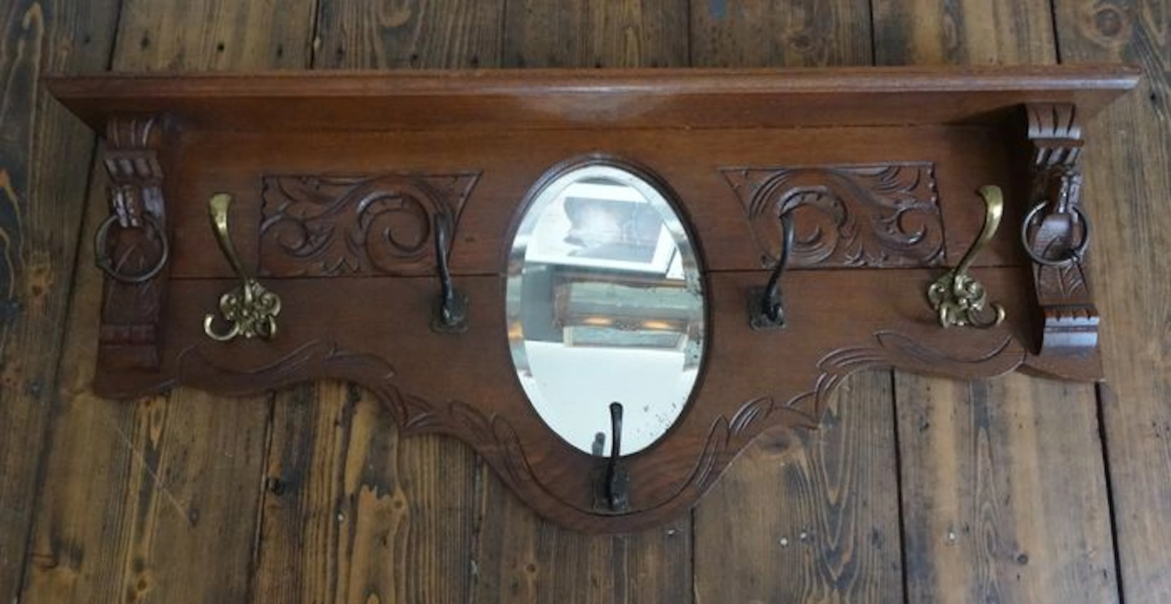 Oak coat rack with oval faceted mirror - 20th century