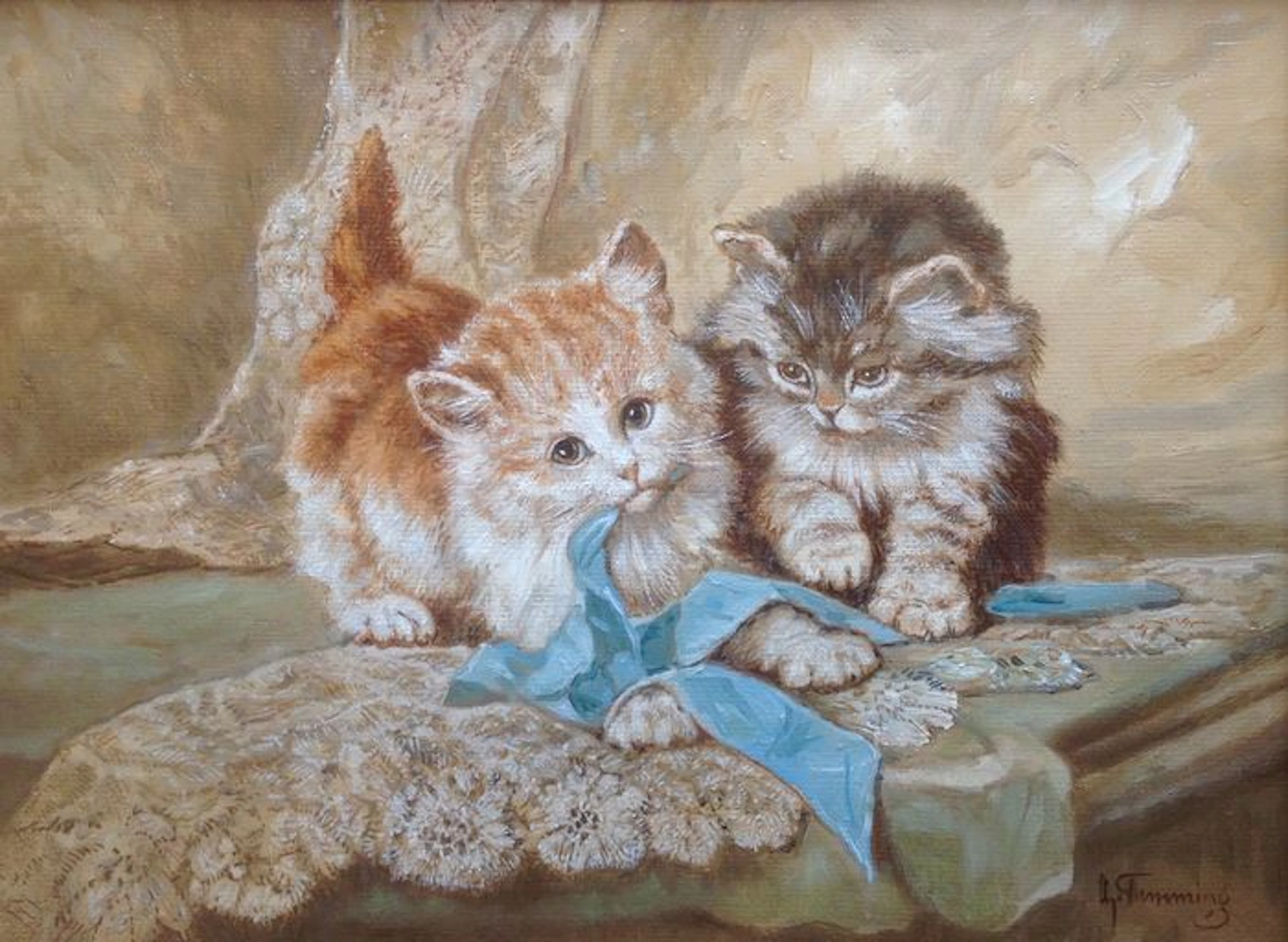 Albertus J. Temming (1942-) - "Kittens" - in the style of Ronner Knip