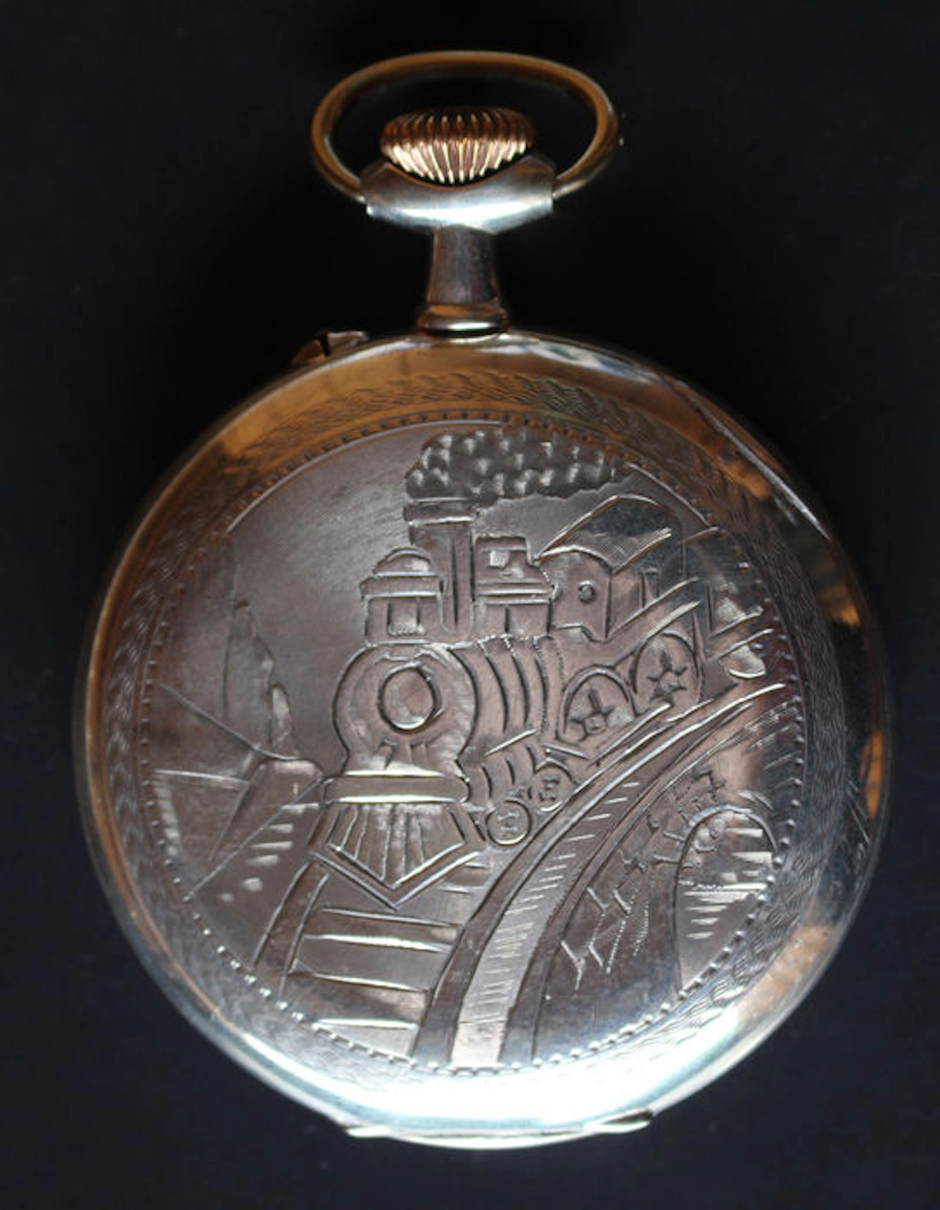 Big solid silver pocket watch with engraved steam train - train service watch!