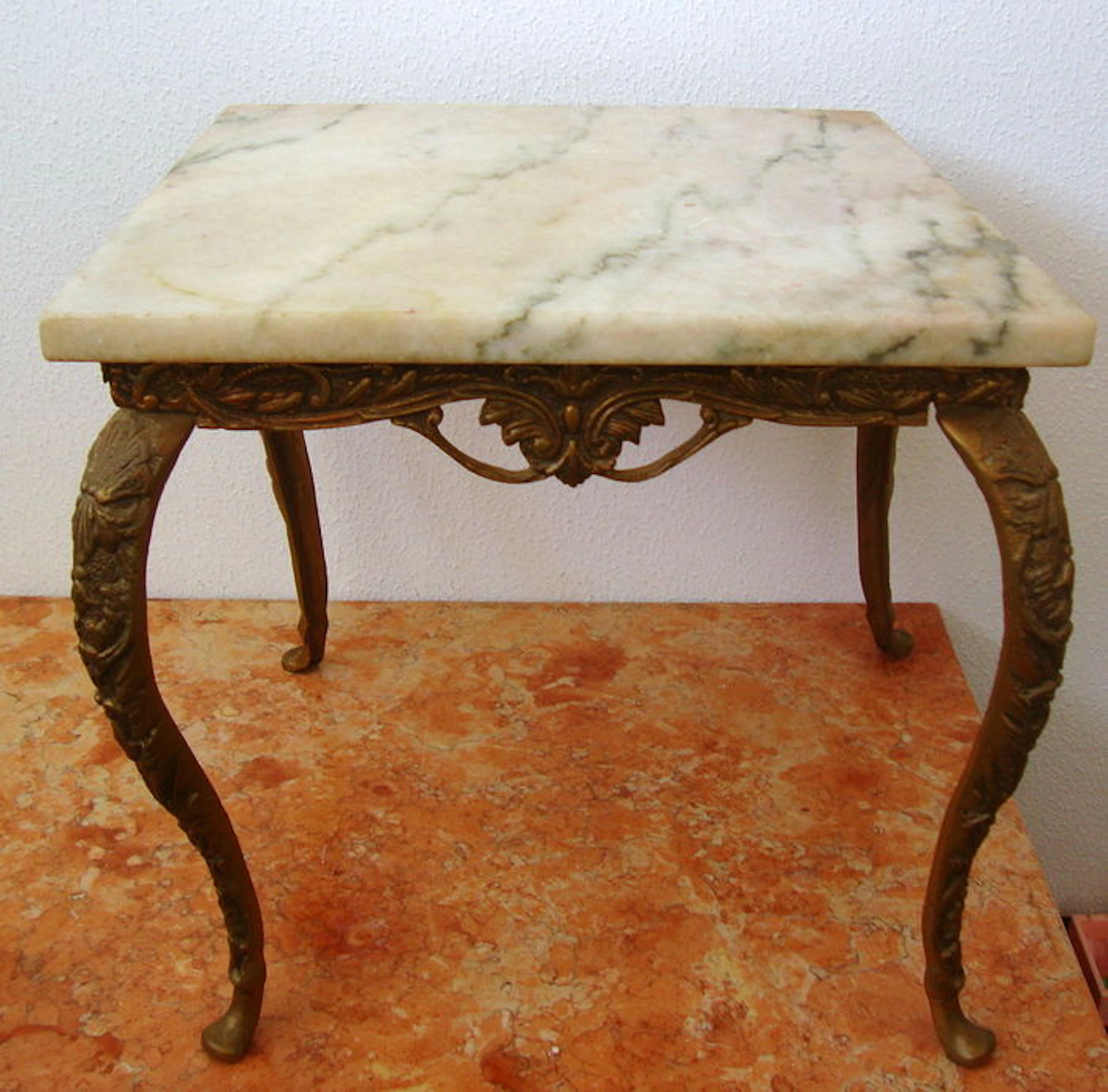A brass Louis XV style table with white/green marble top, Mid 20th Century