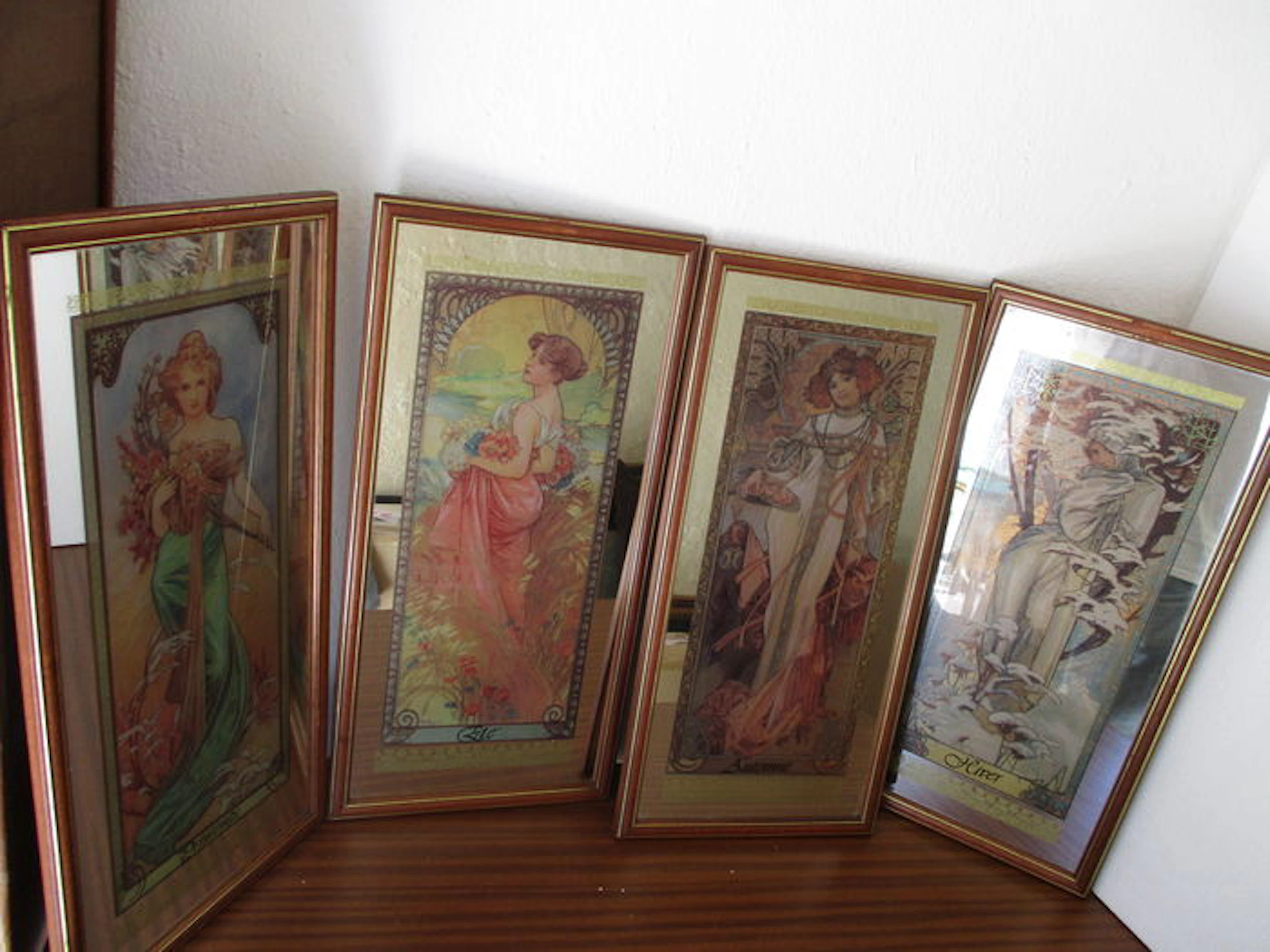Alphonse Mucha Rare Vintage MIRROIR PAINTED framed Allegorical 4 seasons Depicting 4 Women as Spring, Summer, Winter and Autumn.