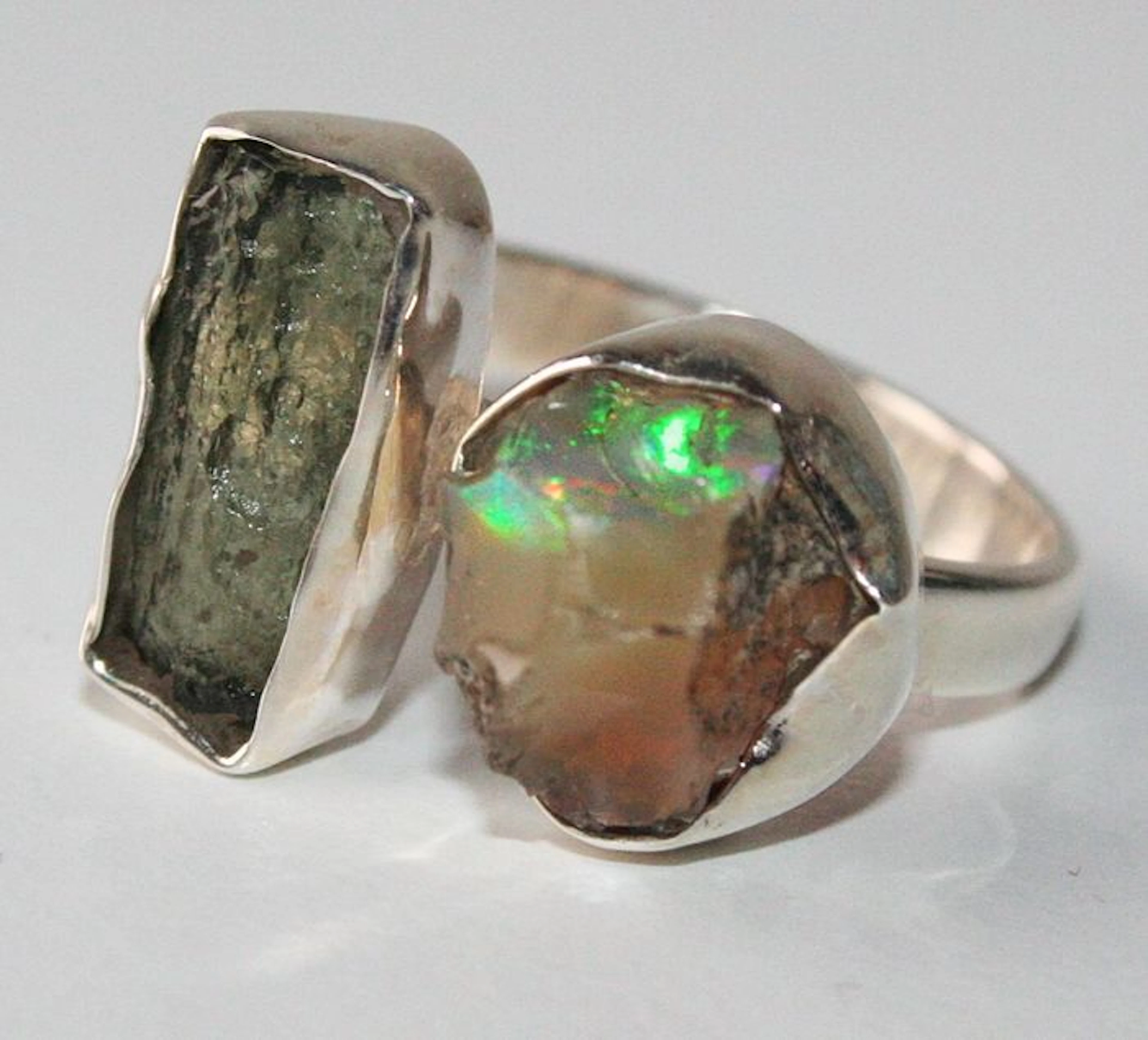 Moldavite and Ethiopian opal set in sterling silver ring