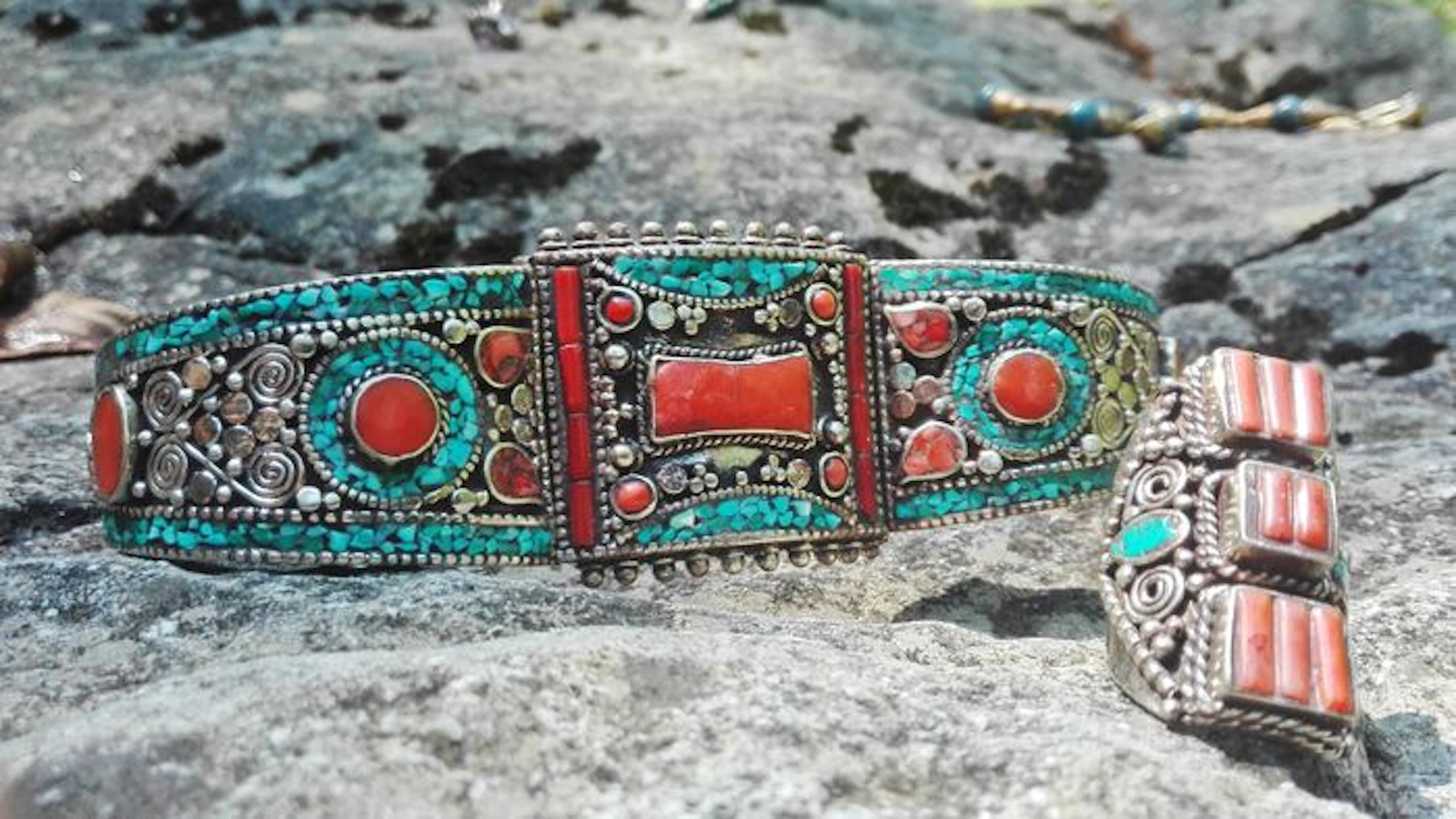 Bracciale in Argento 137g - Corniola Mosaico di Turchese Corallo trattatti - In stile Tibetano Nepalese